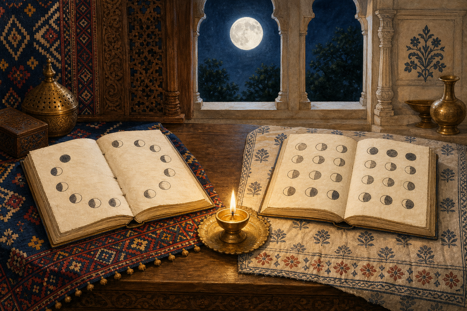 Two open lunar almanacs with different moon-phase arrangements rest in adjoining regional household settings beneath the same full moon.