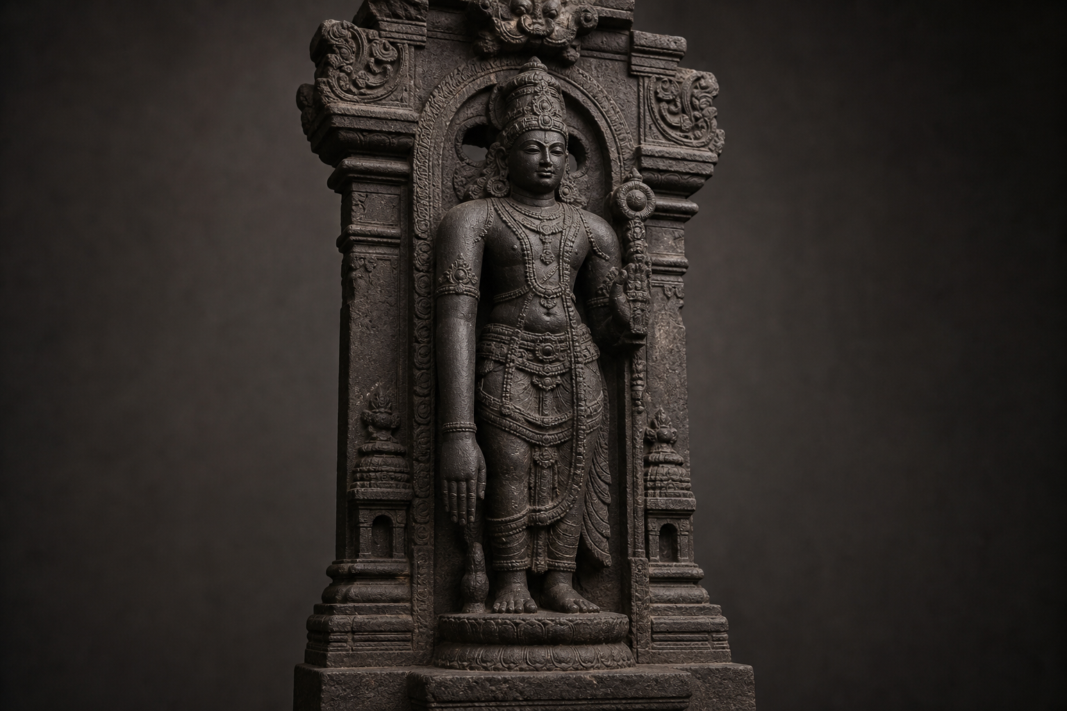 Close view of a temple figure's lowered empty hand with the full carved body, pedestal, and niche still visible behind it.