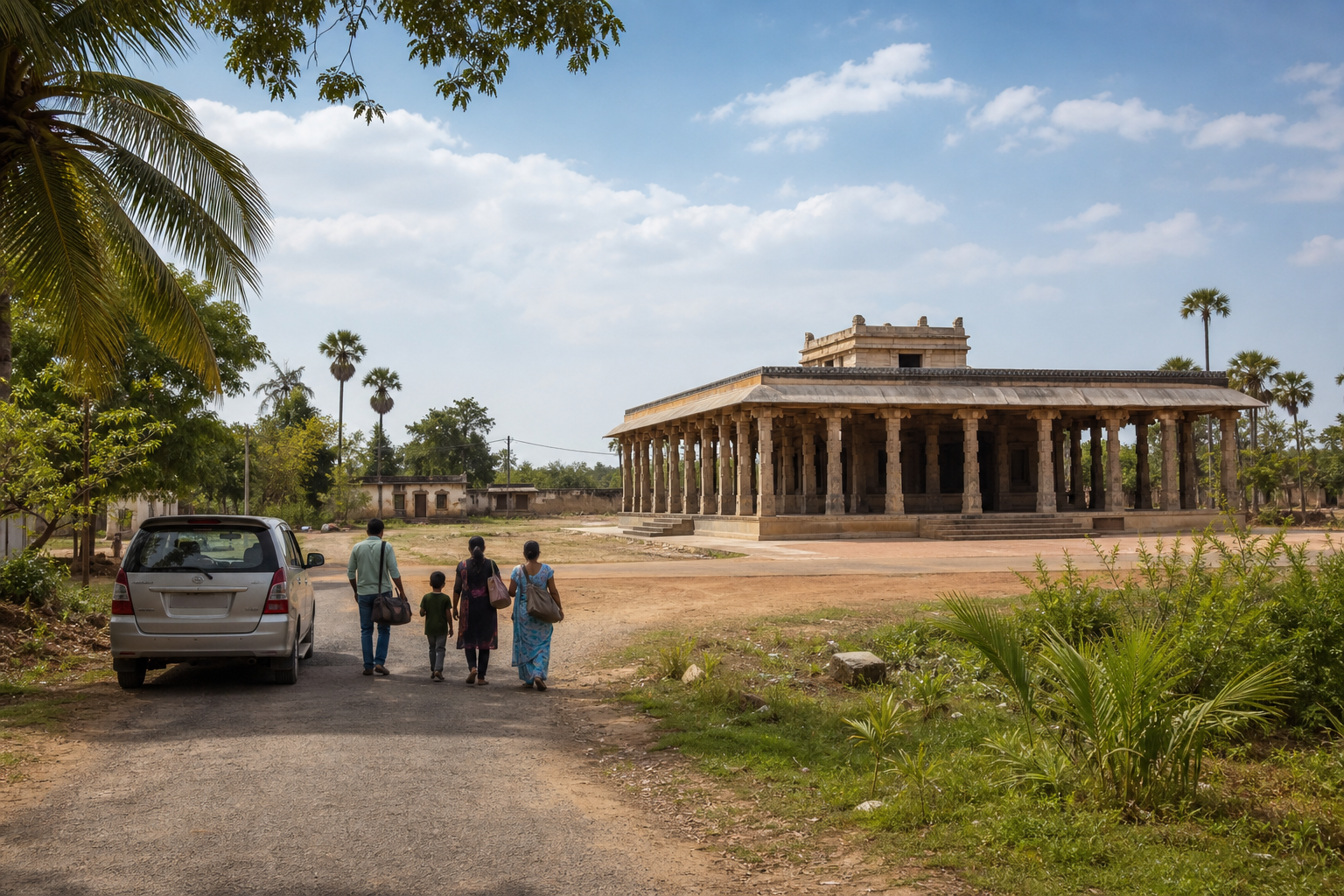 Visitors carrying day bags approach a stone assembly hall in a palm-lined rural setting near Kanchipuram.