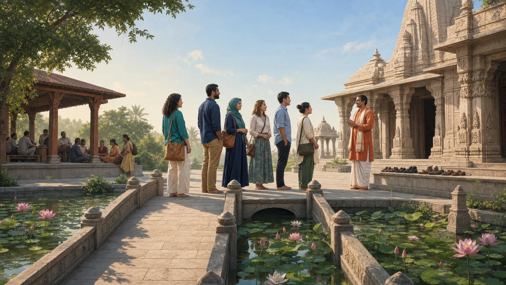 Visitors cross a stone bridge over a lotus pond as a host welcomes them at the entrance to a mandir courtyard.