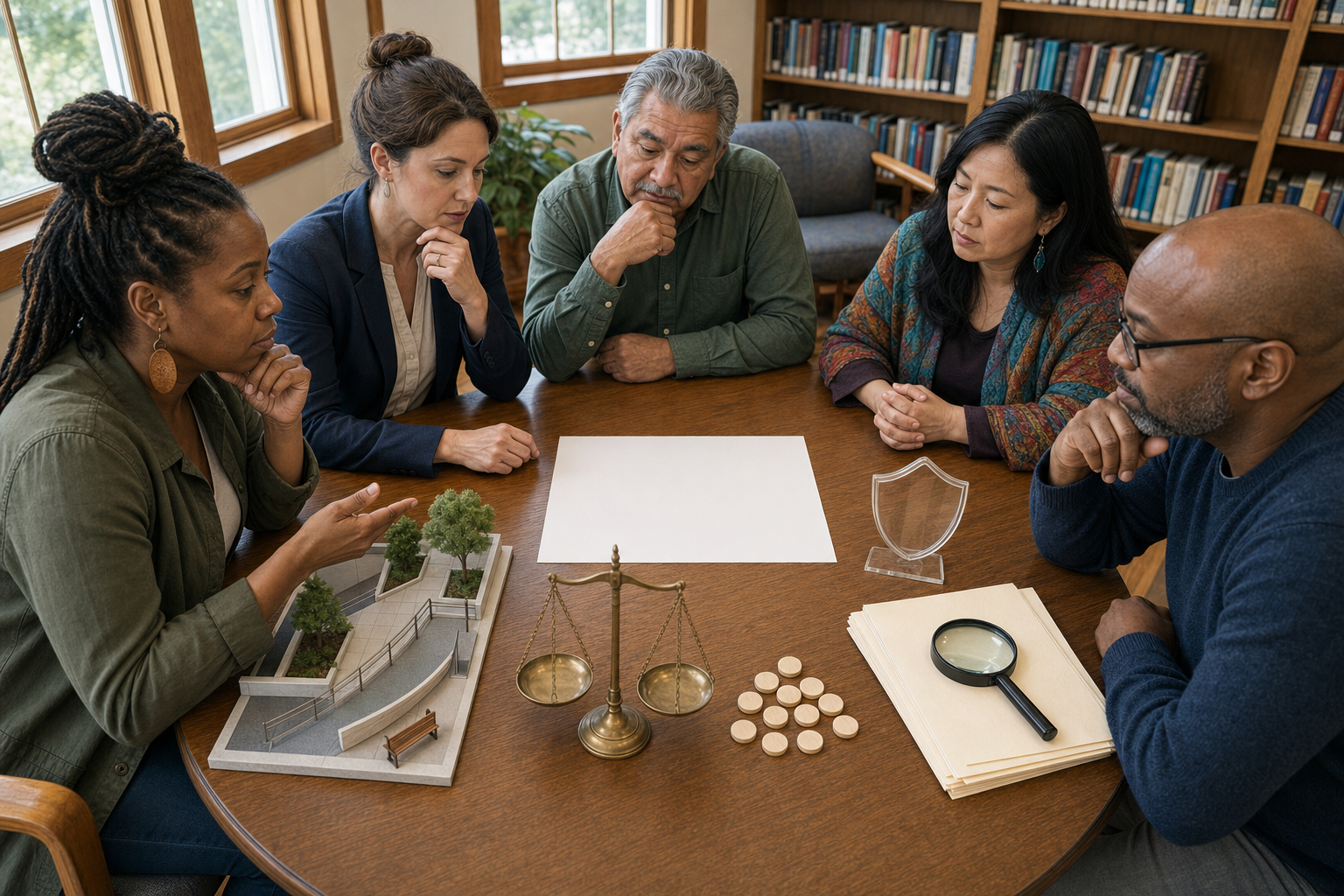 Five citizens at a round table examine a blank policy document, a balanced scale, identical tokens, records under a magnifying glass, and a transparent shield.