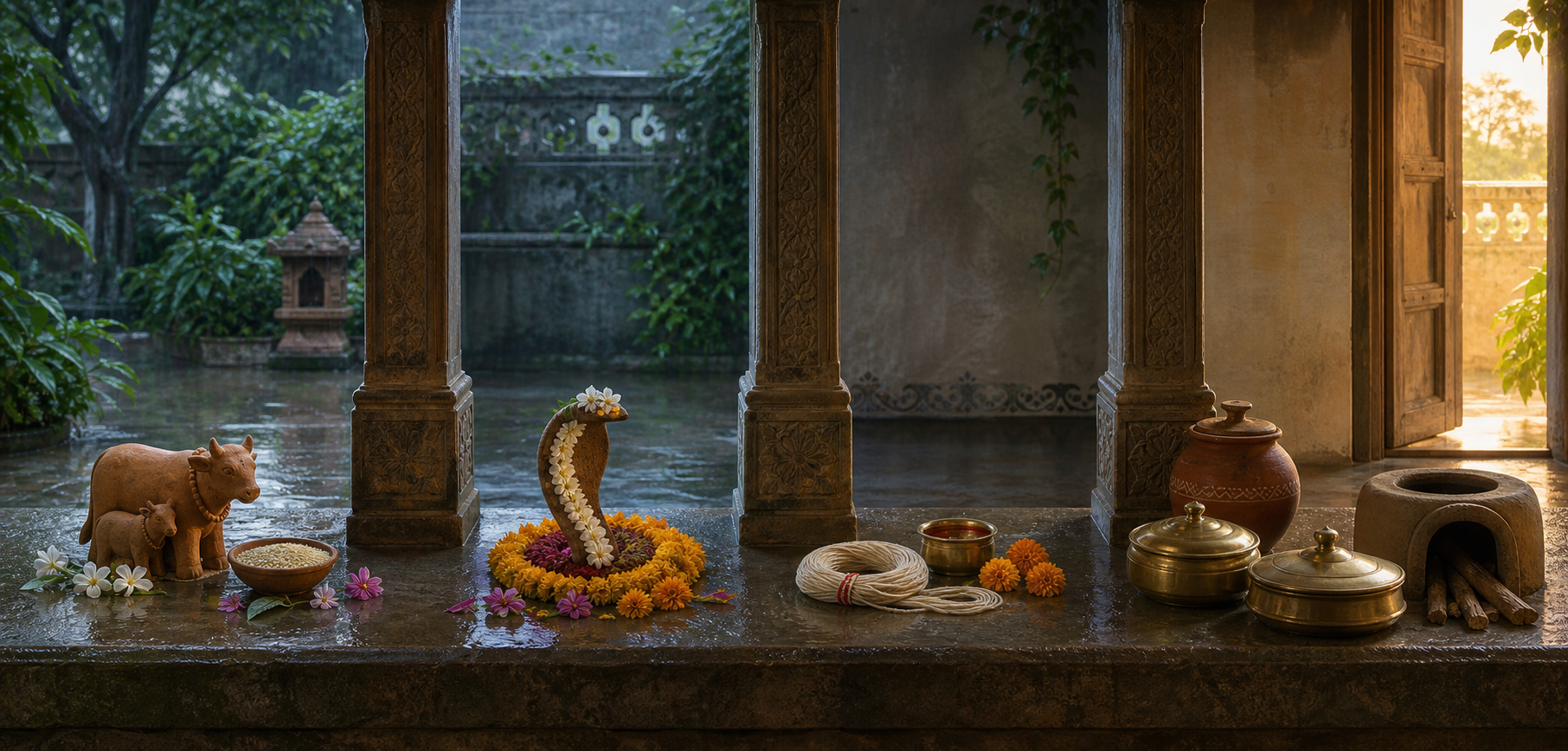 Four symbolic observance preparations line a Gujarati courtyard ledge, ending at a sunlit doorway after the rain.