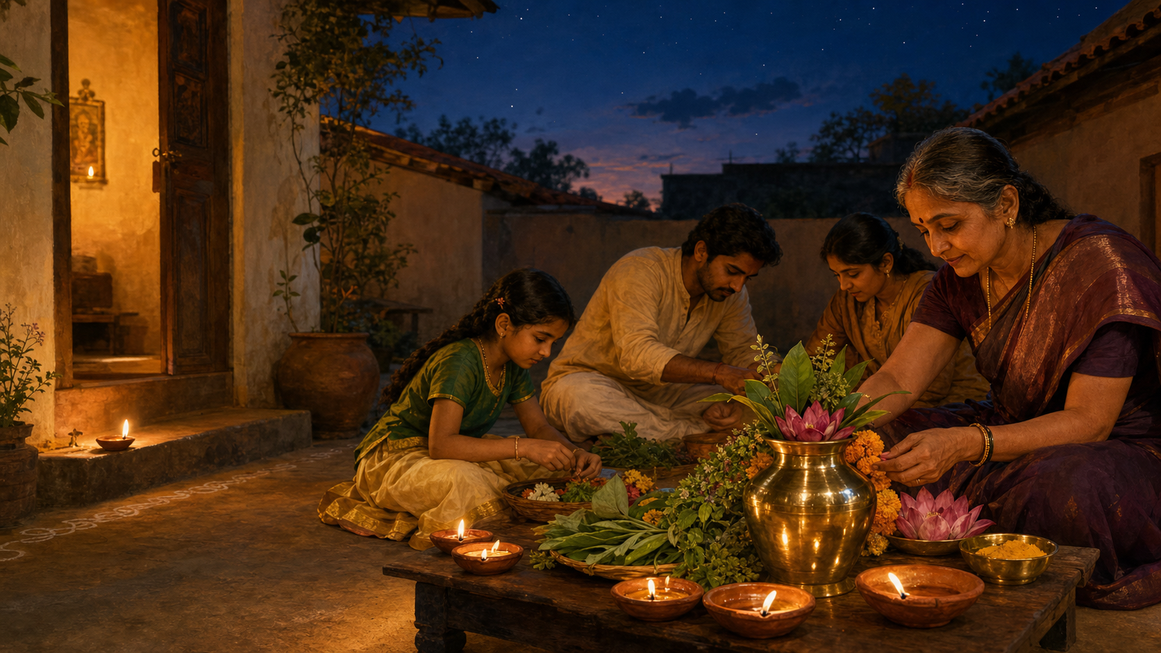 A family arranges clay lamps, a brass vessel, flowers, and medicinal herbs for Dhanteras worship in a home courtyard at twilight.