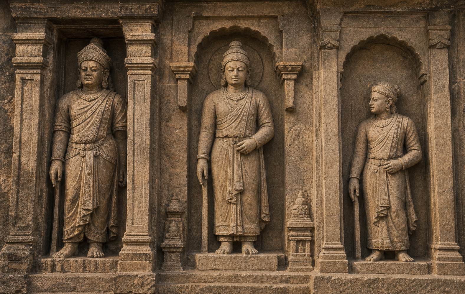 Three carved figures in separate temple niches use similar lowered empty hands while their stances, ornaments, and architectural settings differ.