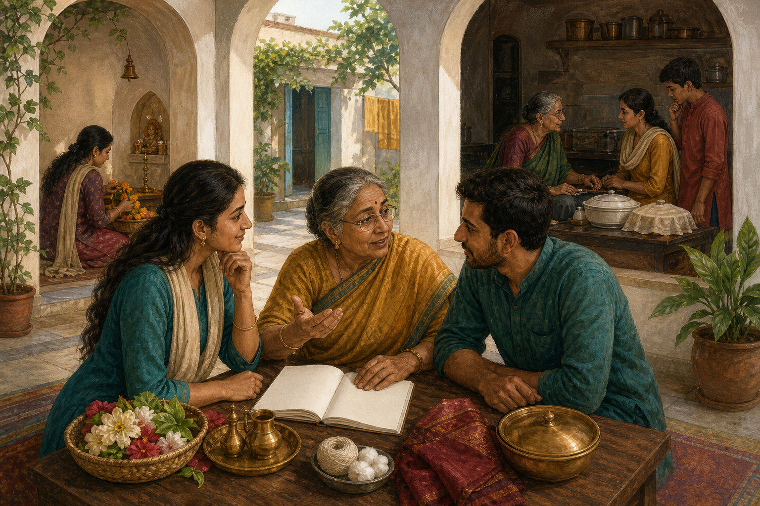 Gujarati families in neighboring courtyards consult elders and prepare different combinations of flowers, vessels, threads and covered dishes.