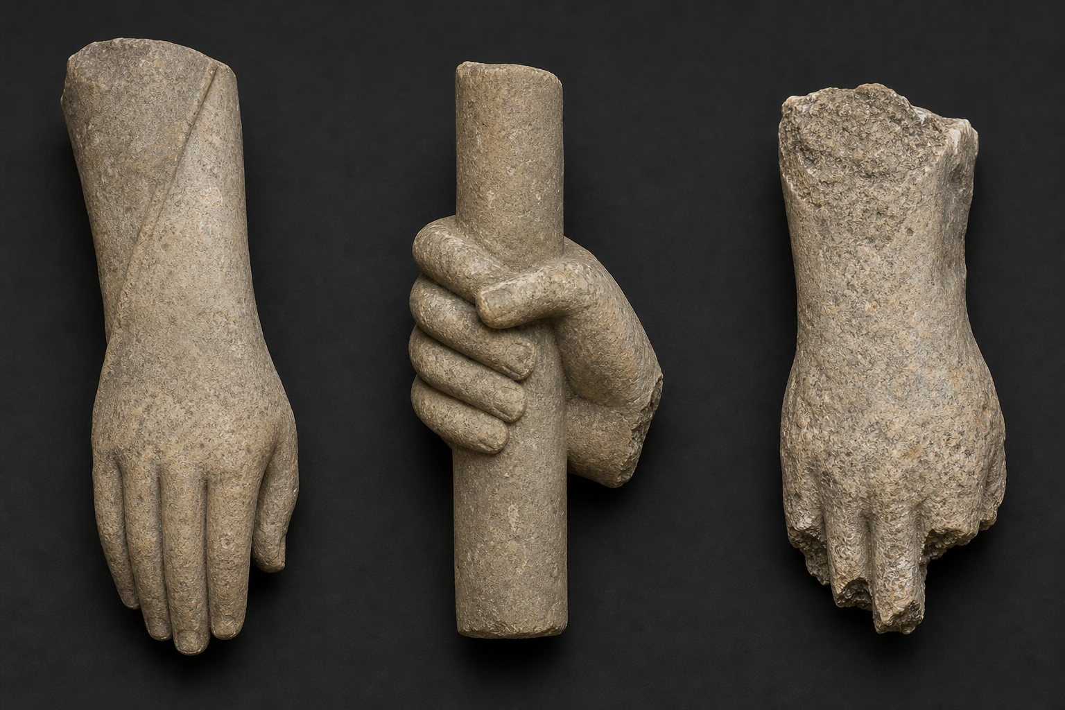 Three stone hand fragments show an intact lowered empty hand, a hand gripping a staff, and a weather-damaged hand with missing details.
