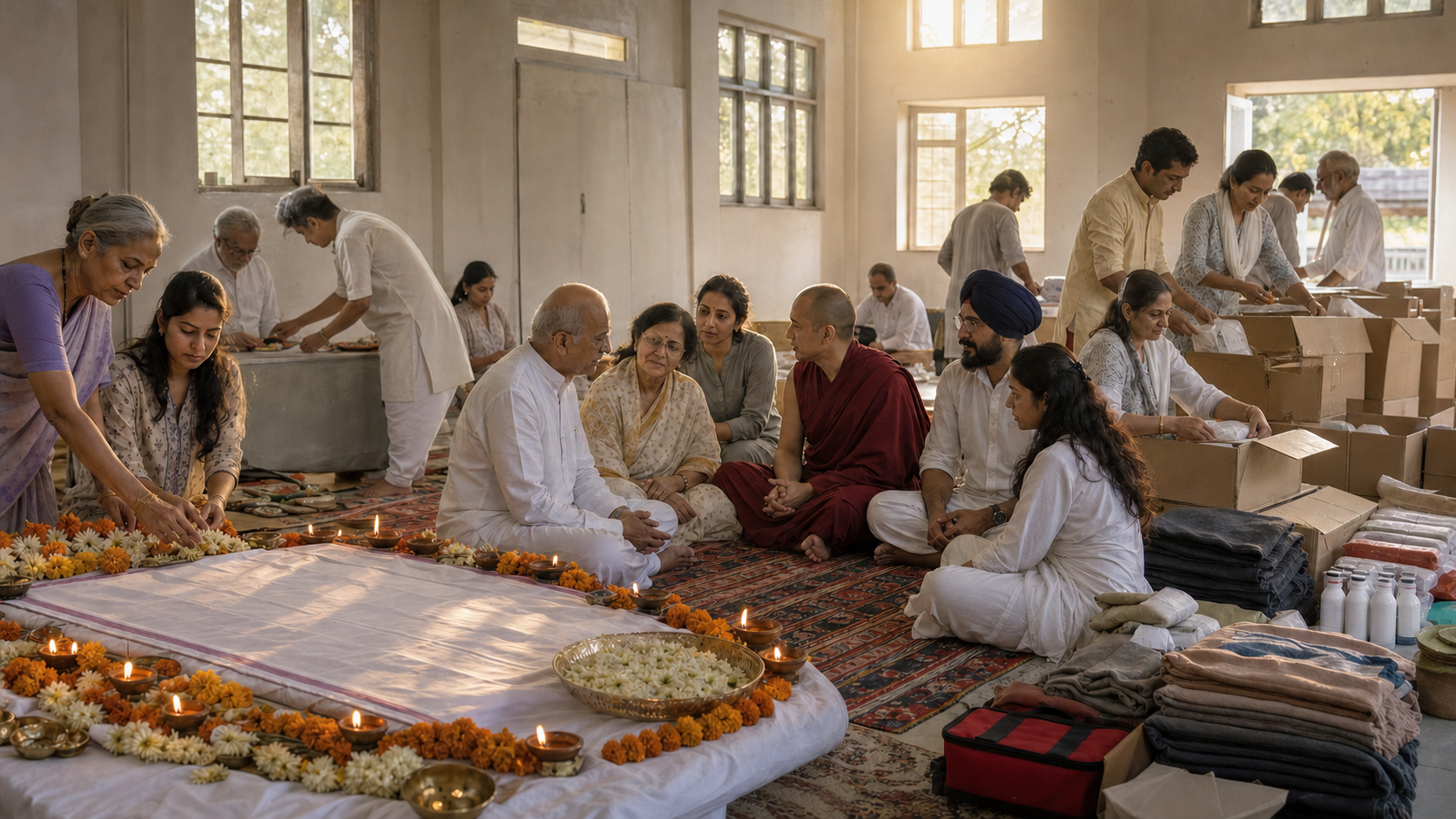 A multigenerational group arranges memorial flowers and lamps, listens together, and packs relief supplies in a sunlit community hall.