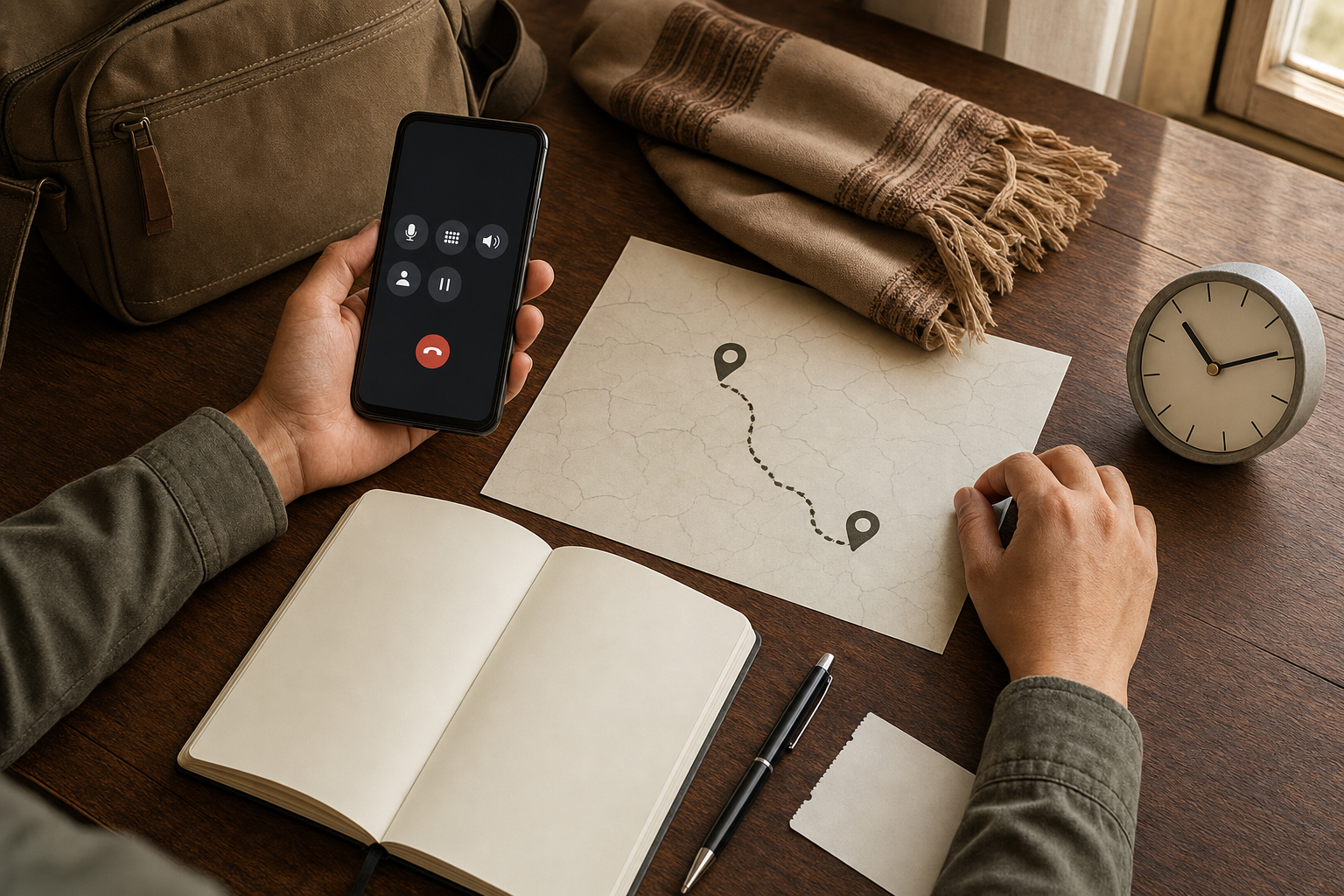 Traveler using a phone beside an unlabeled map, blank notebook, clock, ticket, and packed shoulder bag.