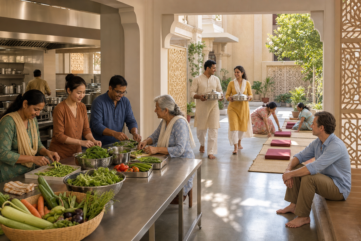 People prepare food and arrange seating in a mandir community kitchen while one visitor observes from the courtyard.
