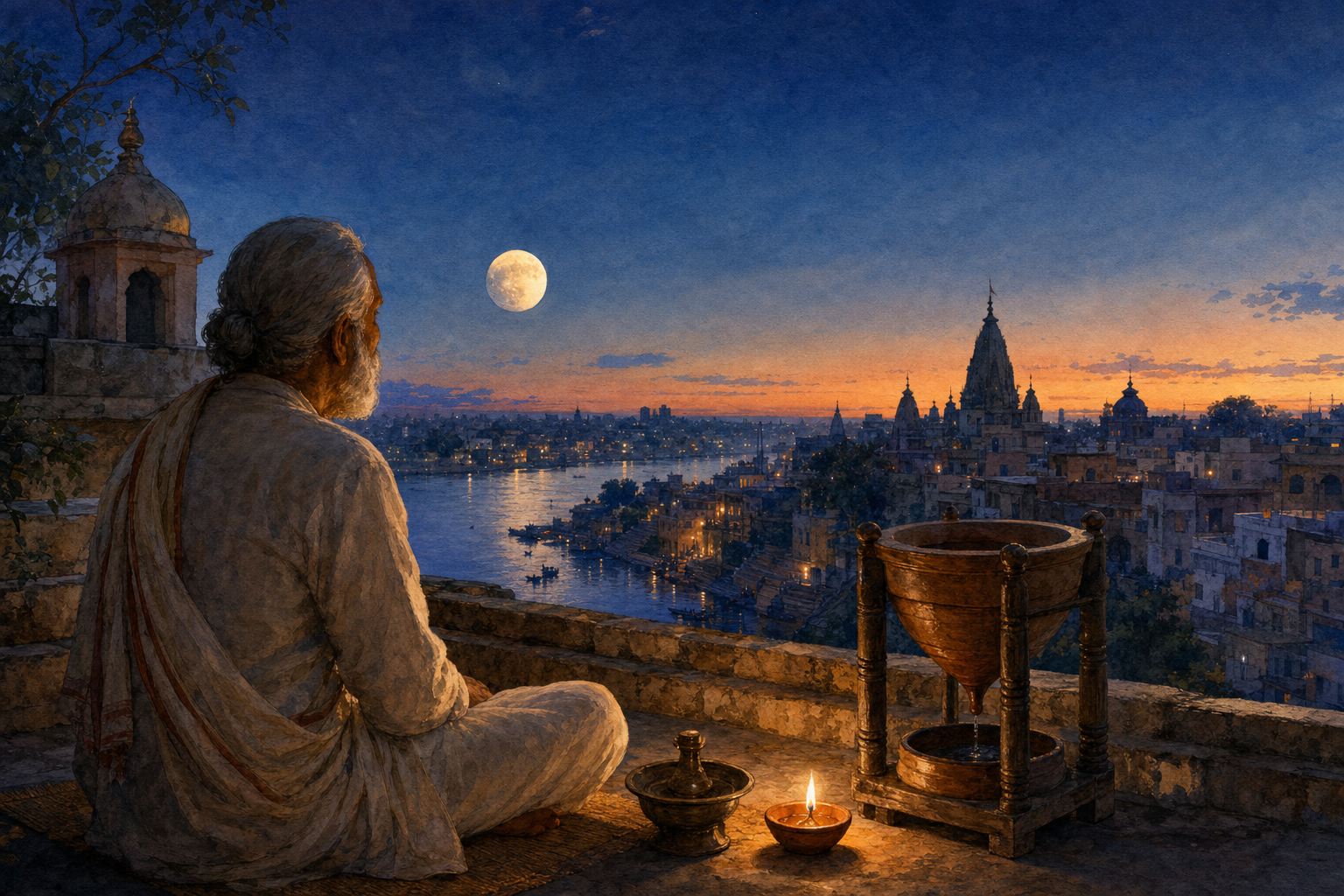 A nearly full waxing moon rises above an Indian riverside town as an observer on a terrace lights a clay lamp at dusk.