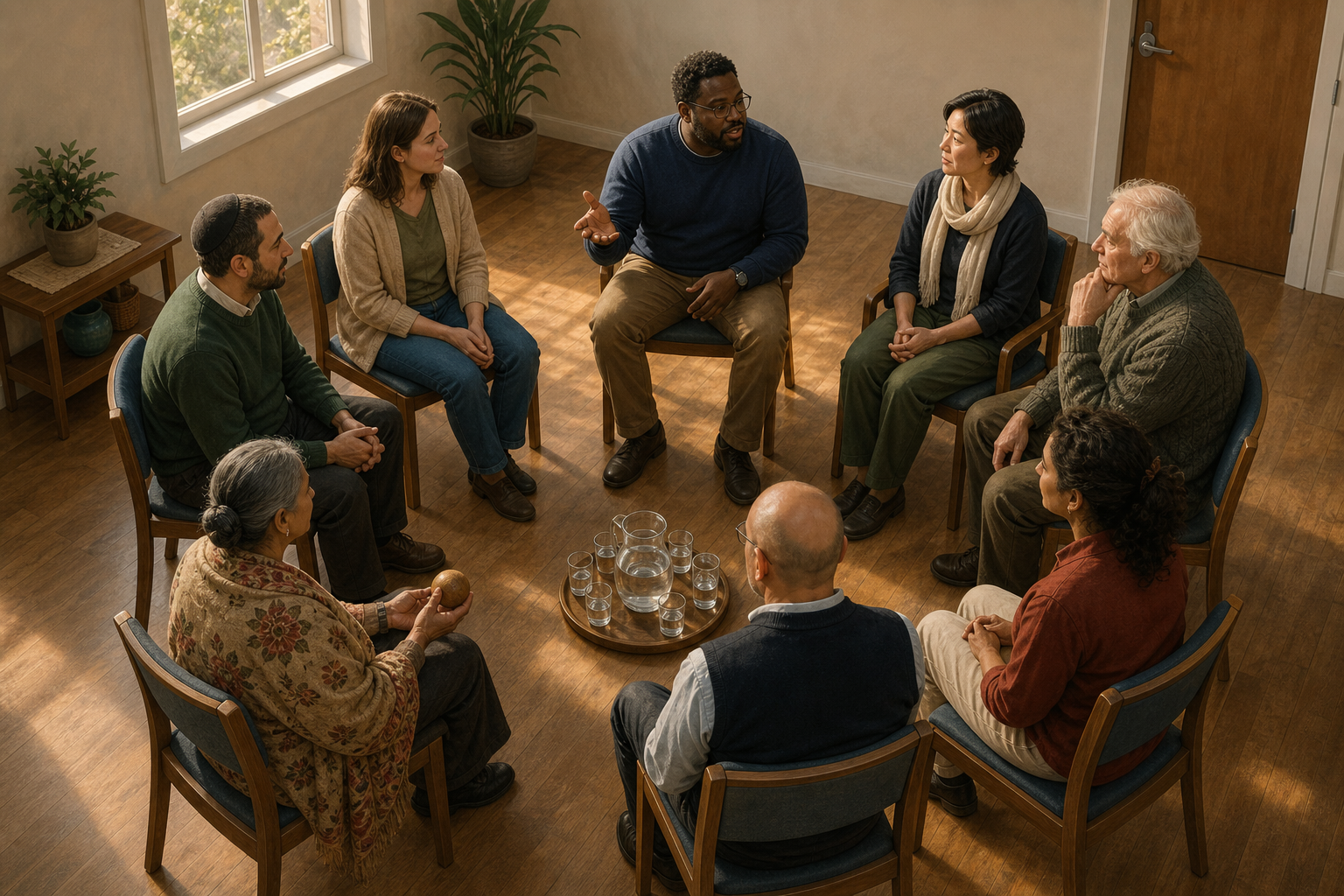 Eight adults sit on identical chairs in a circle as one participant speaks and the others listen.