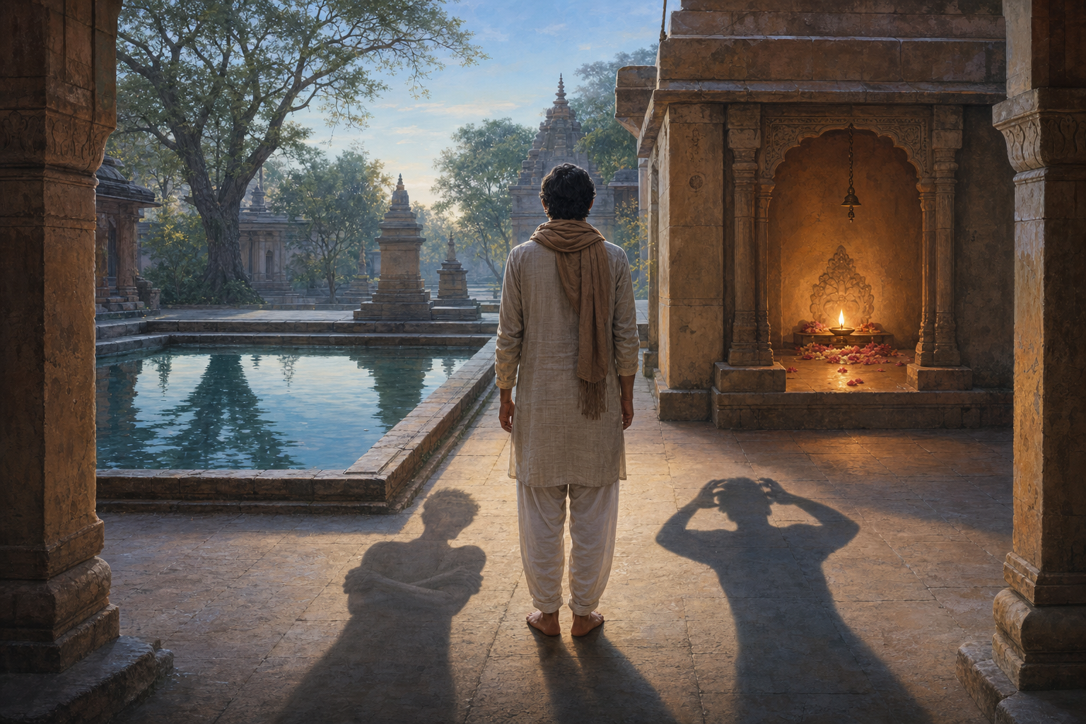 A practitioner pauses in a stone courtyard between a still reflecting basin and a flower-lit prayer alcove, while two shadows suggest emotional guardedness and mental overanalysis.