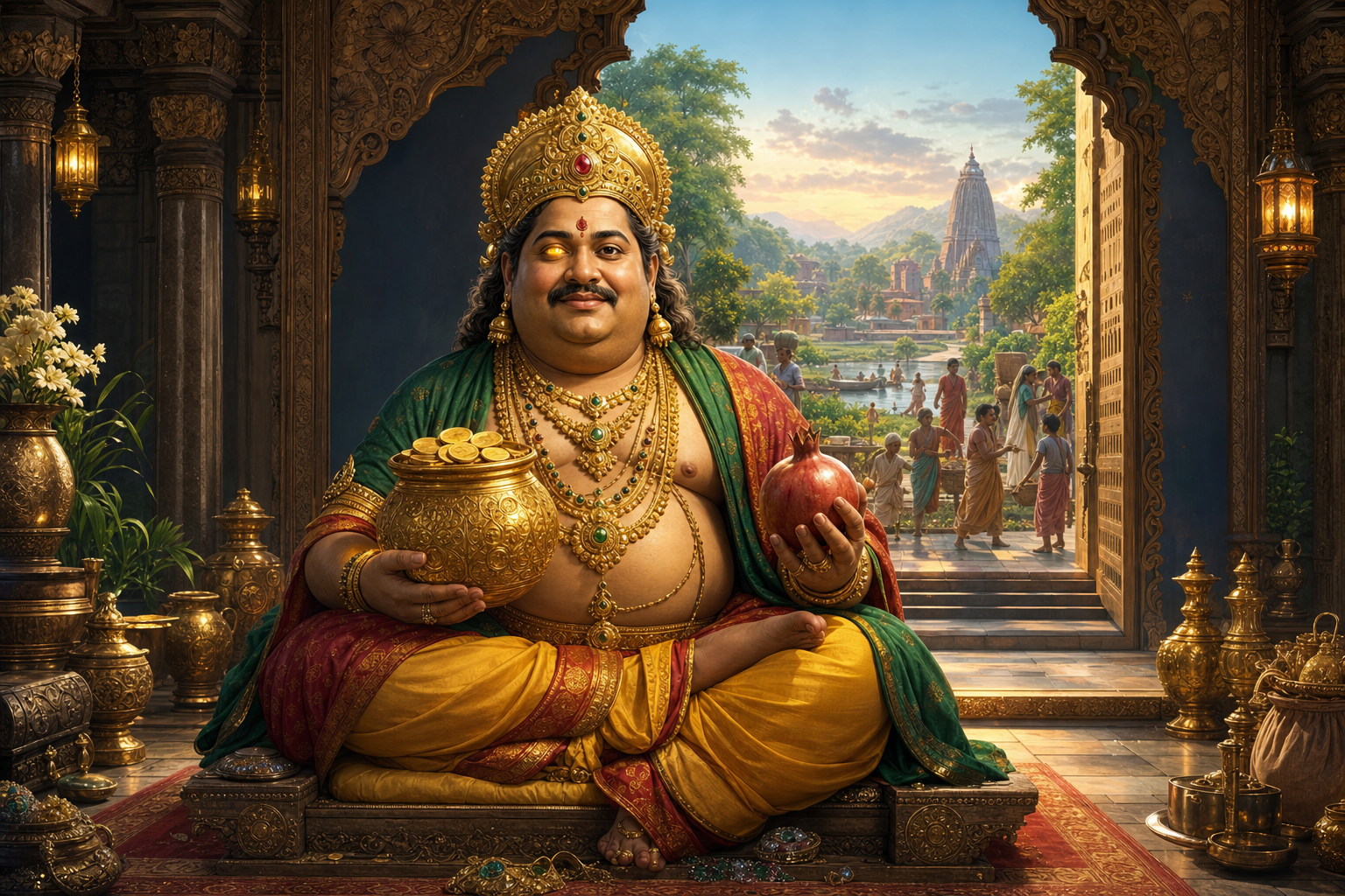 Kubera sits in a celestial treasury with one softly glowing golden eye, holding a coin vessel and pomegranate as an open doorway reveals families, workers, trees, and a temple beyond.