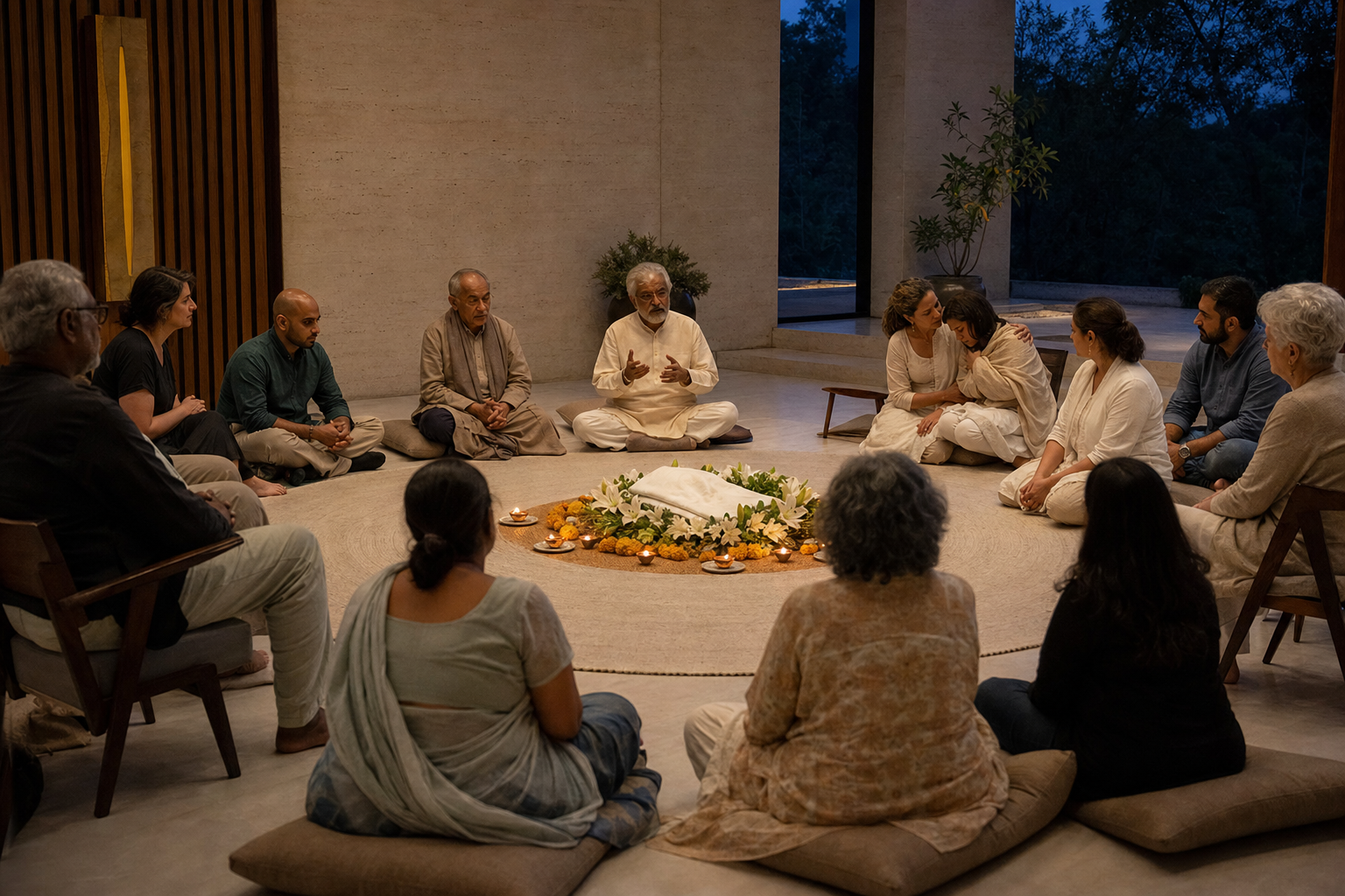 Community members sit quietly around white flowers, marigolds, and small lamps while one person comforts another during a remembrance gathering.