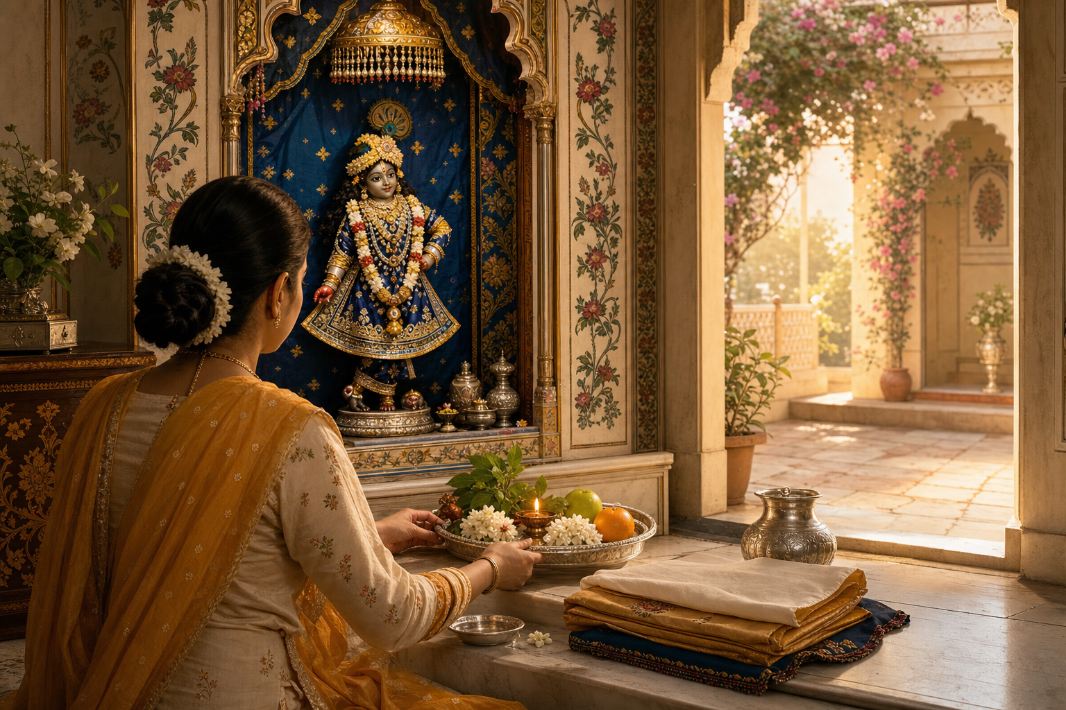A devotee arranges flowers, tulsi leaves, fruit, and a lamp before an adorned Shri Krishna shrine in the soft light of dawn.