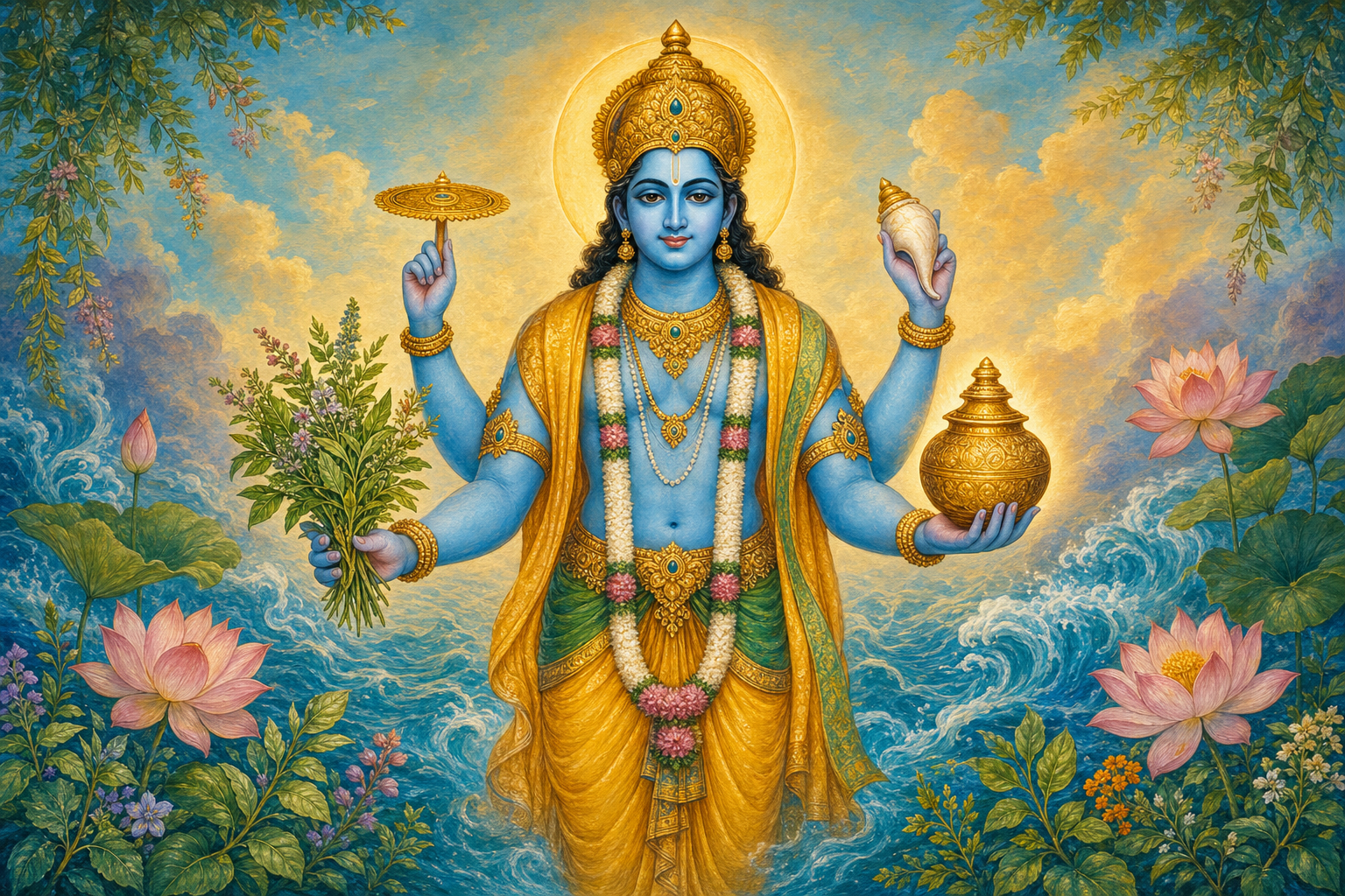 Dhanvantari is shown with four arms holding a vessel, medicinal herbs, a conch, and a discus amid lotus flowers and healing plants.