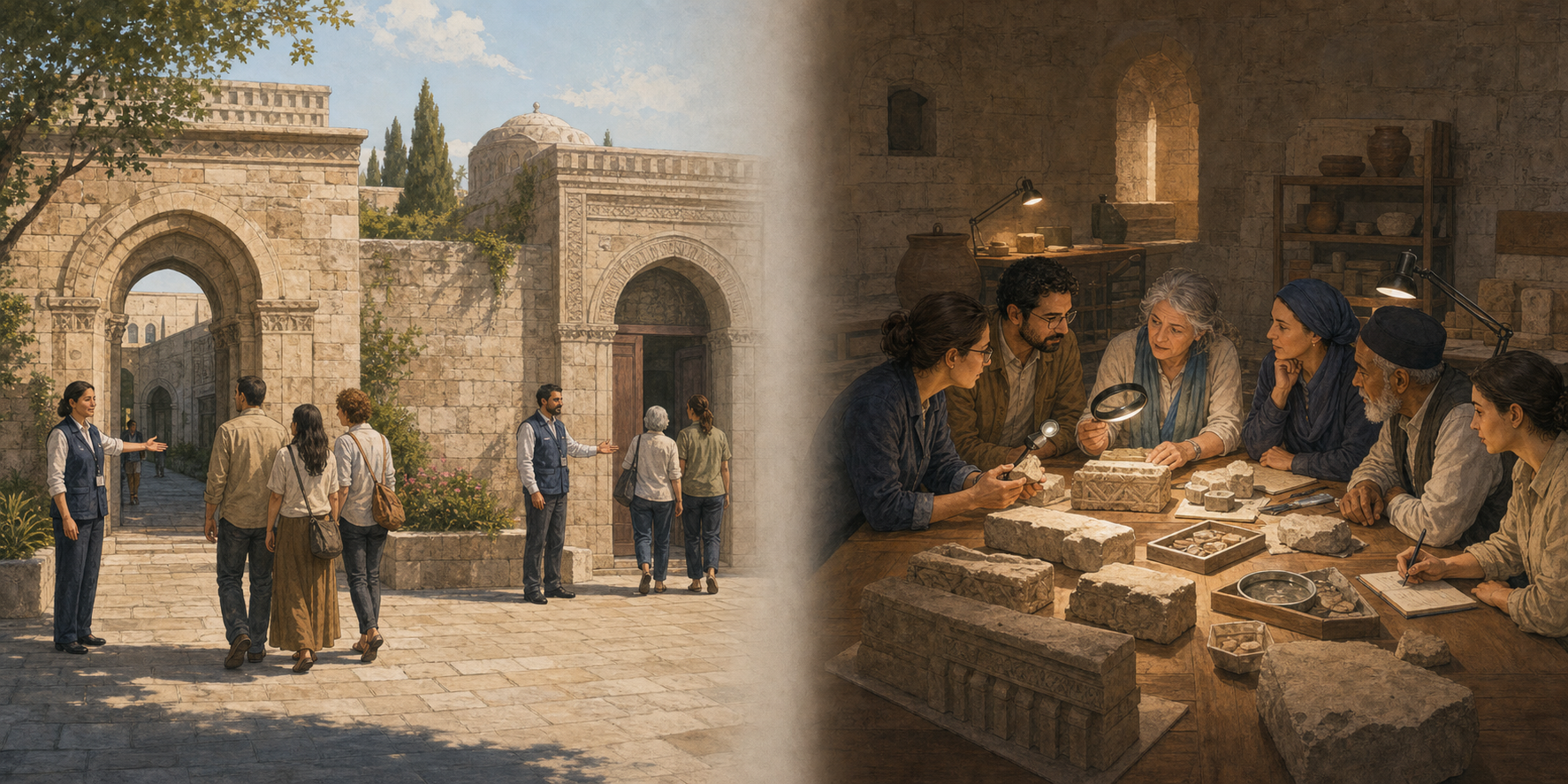 Civic stewards guide visitors through an old sacred precinct while researchers separately examine architectural fragments at a conservation table.