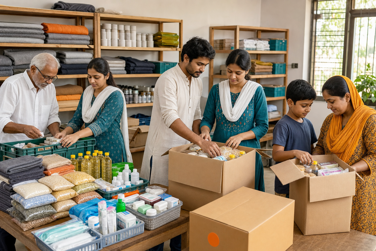Volunteers inspect supplies, check relief parcels in pairs, and review a completed package with a recipient in a community relief center.