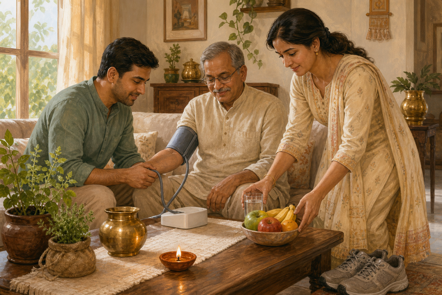 A younger adult checks an older relative's blood pressure at home beside water, fruit, a brass vessel, walking shoes, and a clay lamp.