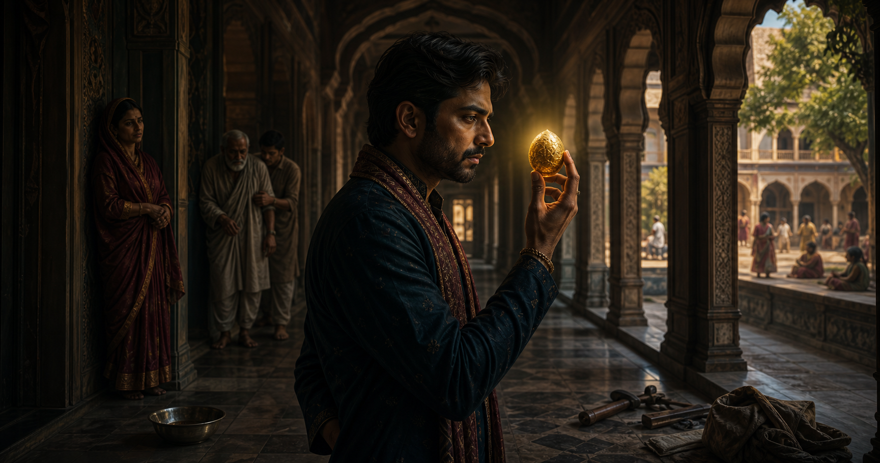 A householder focuses on a glowing golden object in a narrowing corridor while family members, an elder, work tools, and a community courtyard remain at the edges of view.