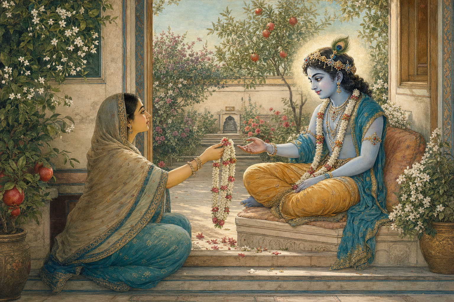 A seated devotee offers a flower garland to a youthful Shri Krishna in a quiet garden courtyard shrine.