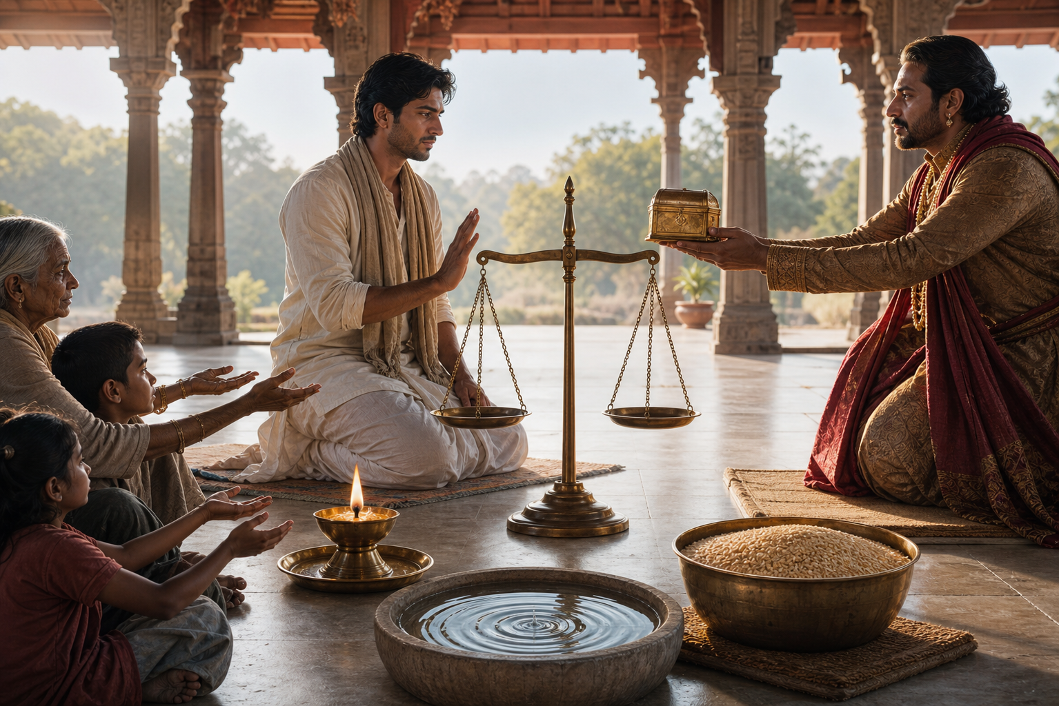A person considers a merchant's golden chest beside a balance scale surrounded by a lamp, water basin, grain bowl, and open hands representing practical responsibilities.