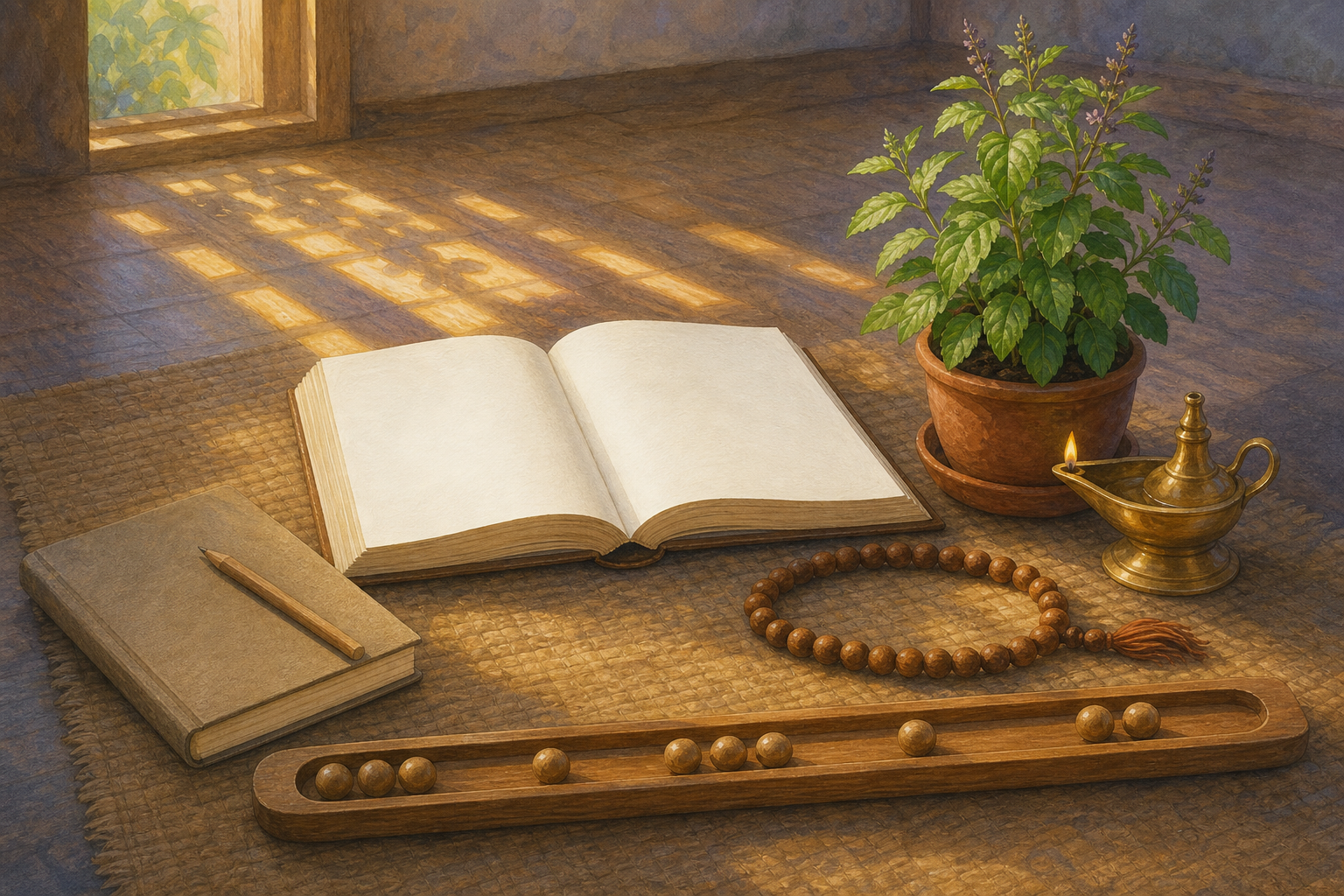 An open book, notebook, prayer beads, brass lamp, plant, and wooden counters are arranged for a repeated daily devotional practice.