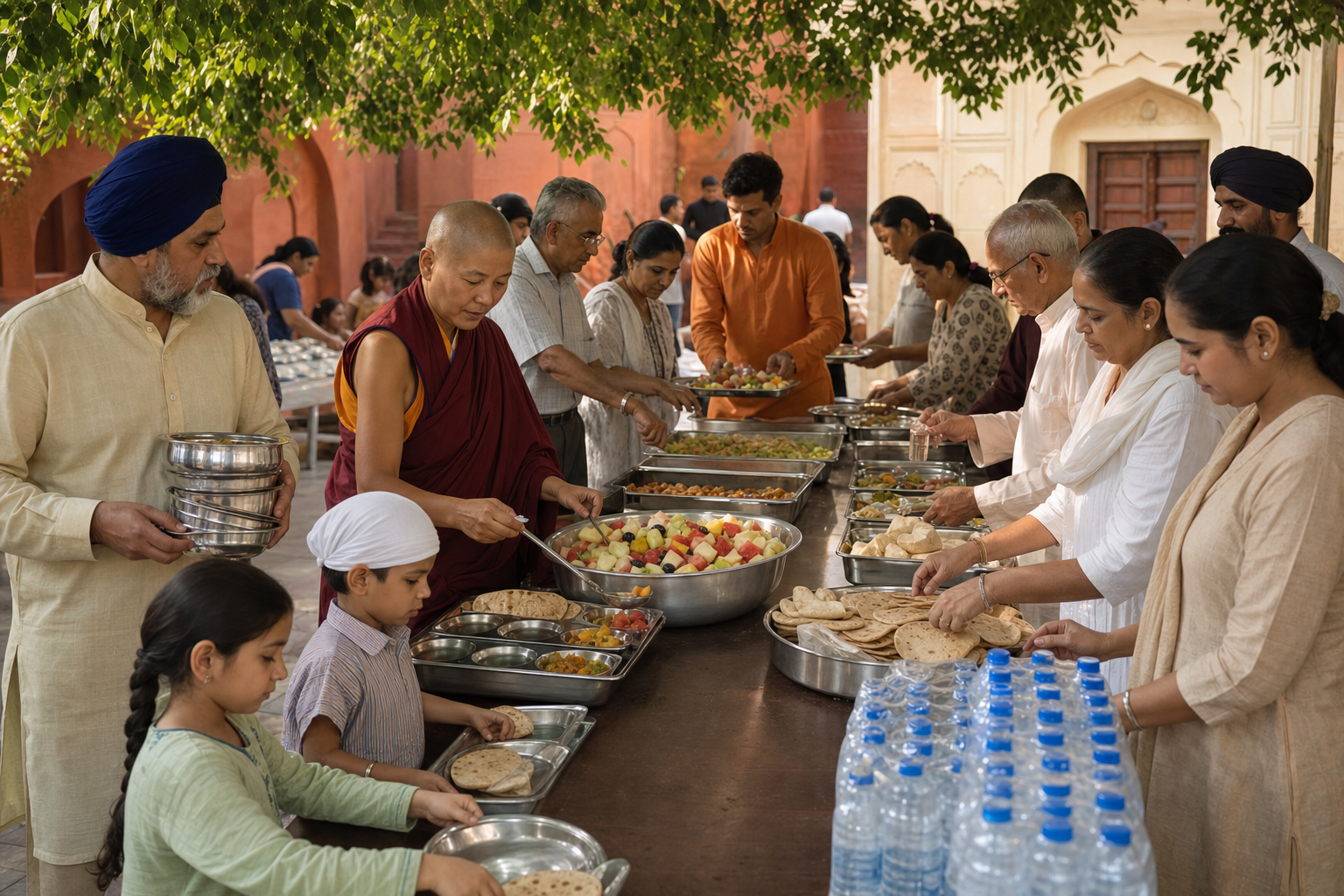 Hindu, Buddhist, Jain, and Sikh volunteers in varied clothing prepare and pass meals together across a shaded courtyard table.