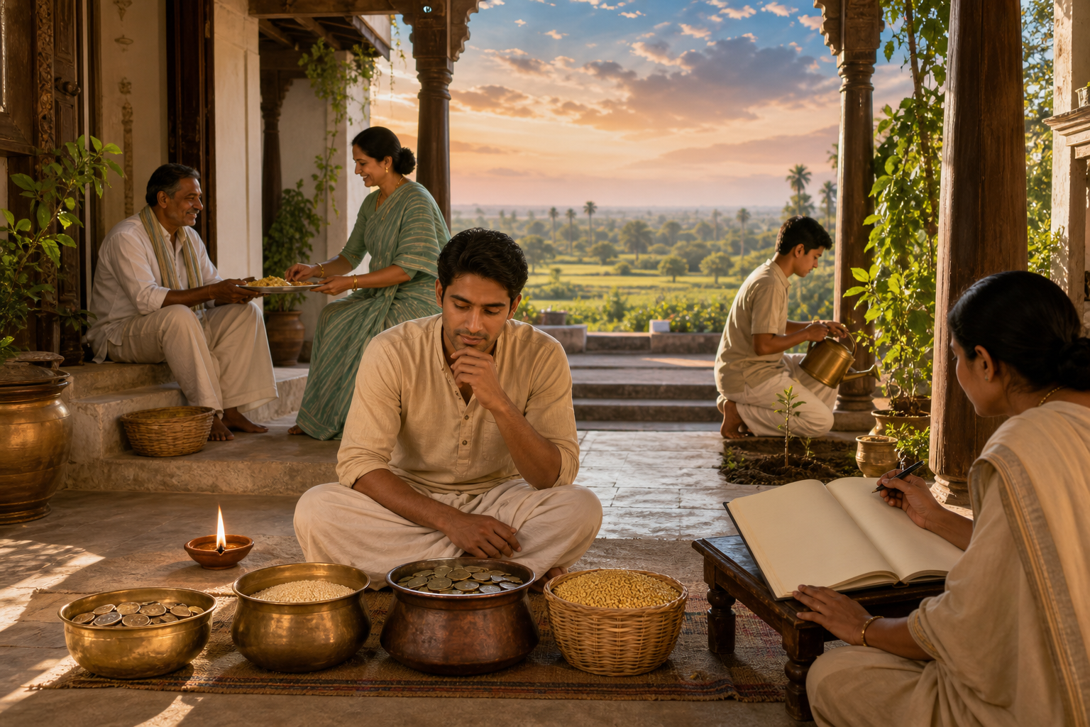 People in a sunlit courtyard reflect, distribute coins and grain into separate vessels, offer food to a visitor, and water a young tree beneath an open sky.