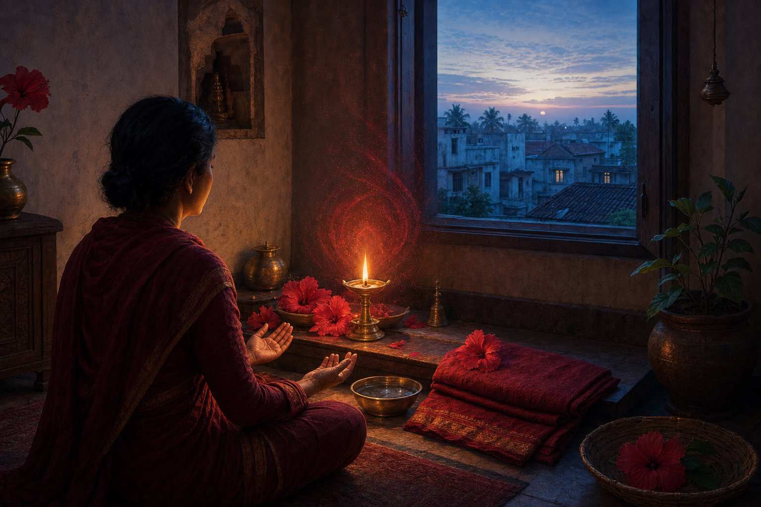 An adult practitioner sits before a simple altar with a brass oil lamp, red hibiscus flowers, water, and crimson cloth as dawn light enters the room.