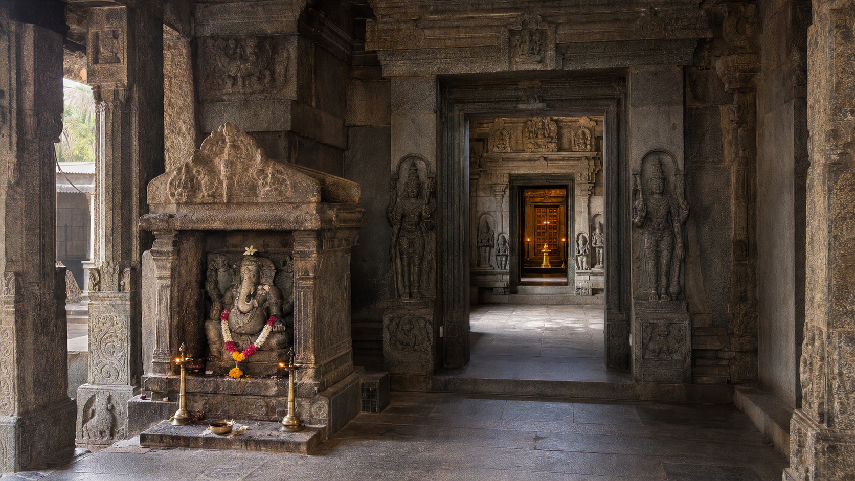 A Ganesha shrine stands near a temple passage leading through guardian-lined thresholds toward a lamp-lit inner sanctum.