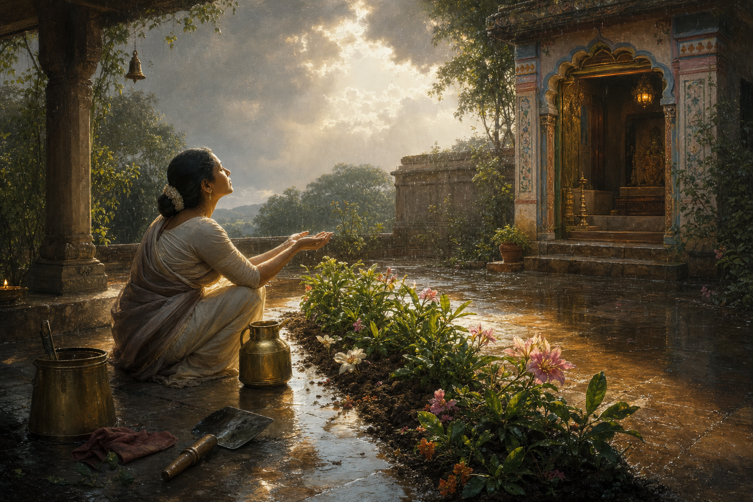 A devotee waters flowering plants in a rain-washed temple courtyard as sunlight breaks through the clouds.