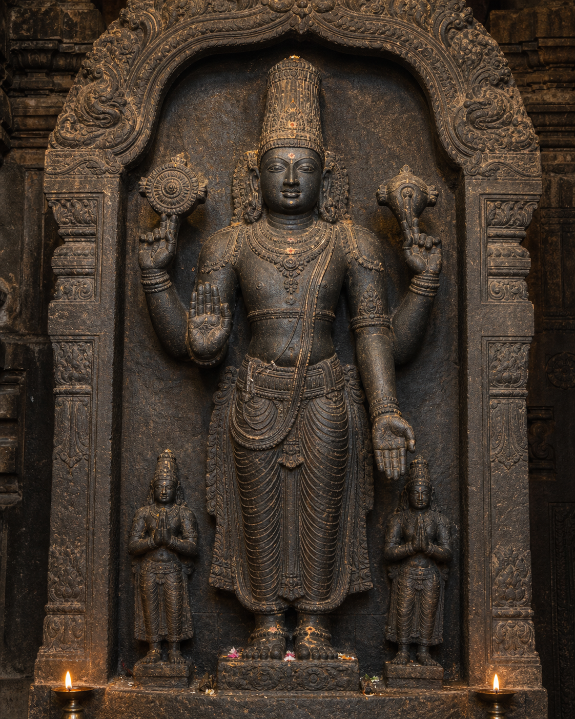 A four-armed stone image of Vishnu stands in a carved temple niche holding a discus and conch, with attendants near the base.