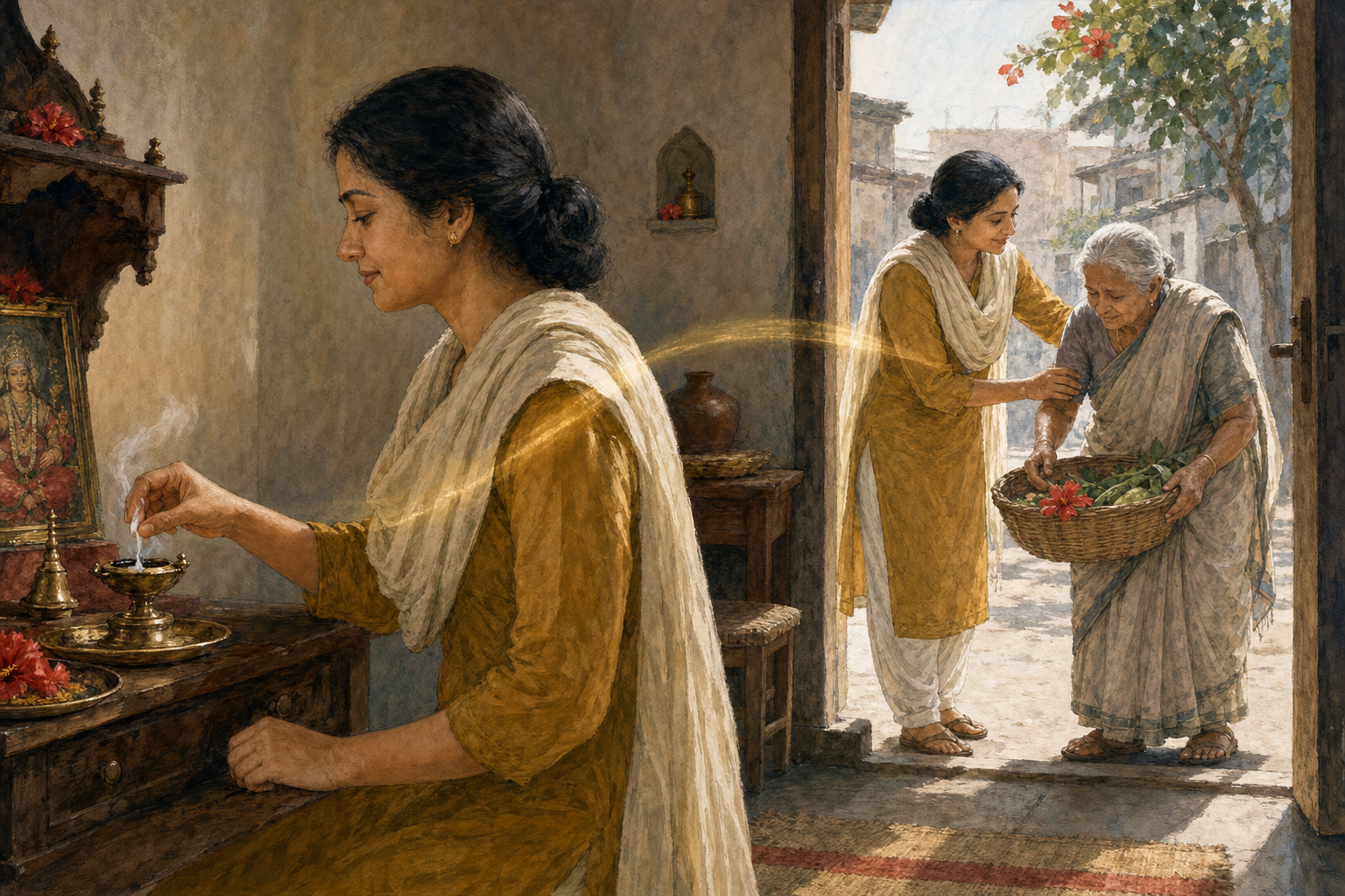 A practitioner finishes worship at a small lamp-lit altar and then helps an elderly neighbor carry a basket outside the home.
