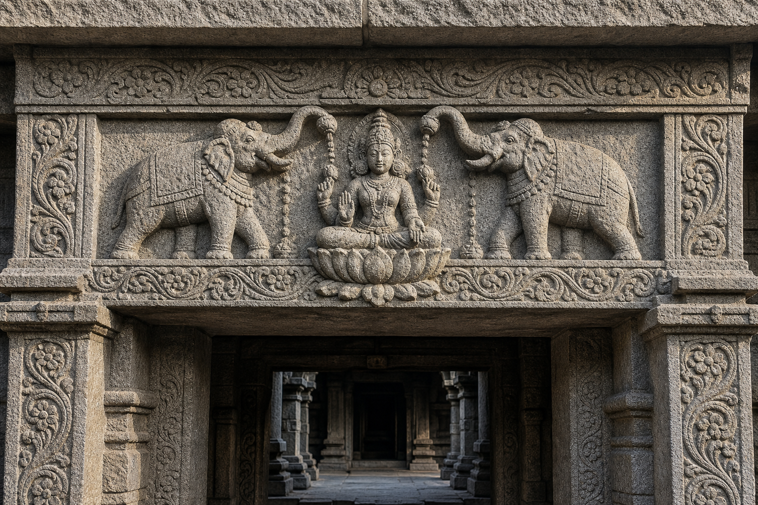 A granite Gajalakshmi doorway relief shows Lakshmi seated on a lotus between two elephants pouring ceremonial water.