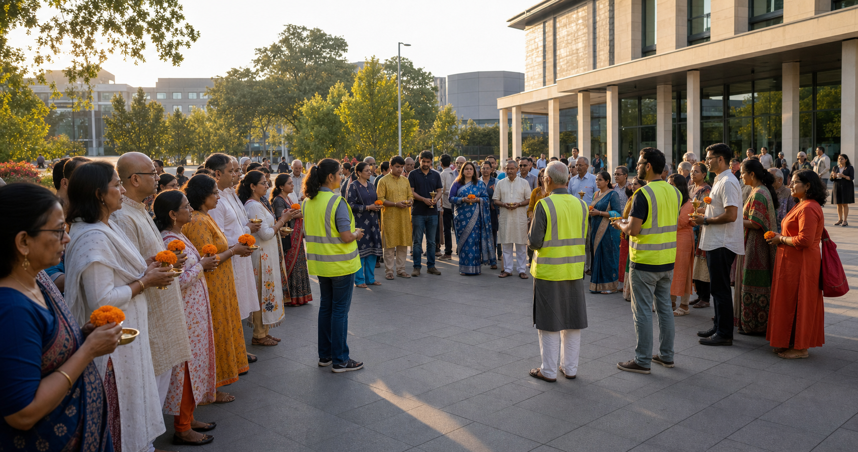 An intergenerational Hindu community gathers peacefully in an urban square while volunteers keep pedestrian routes clear.