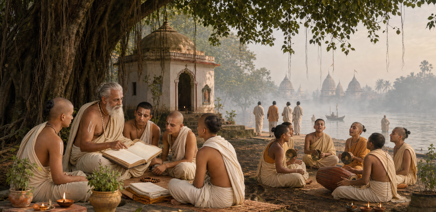 An intergenerational Vaishnava teaching and singing gathering beneath a banyan tree beside a river in Bengal.