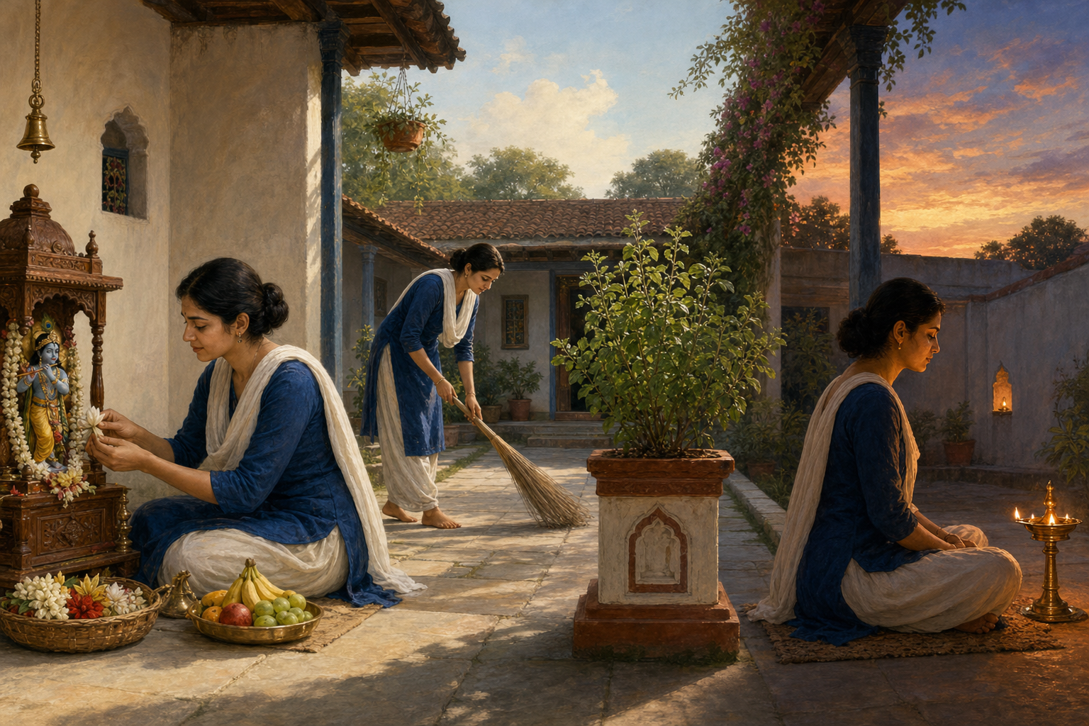 One devotee prepares a shrine at dawn, completes household work during the day, and sits by a lamp at dusk in a continuous courtyard scene.