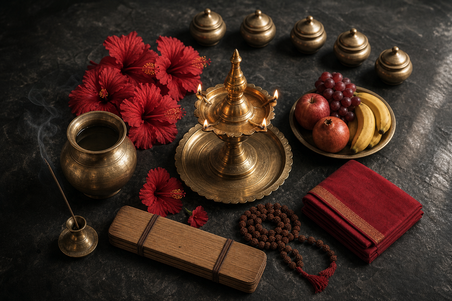 A brass lamp stands among hibiscus flowers, water, fruit, incense, prayer beads, folded cloth, a closed manuscript, and several covered vessels.