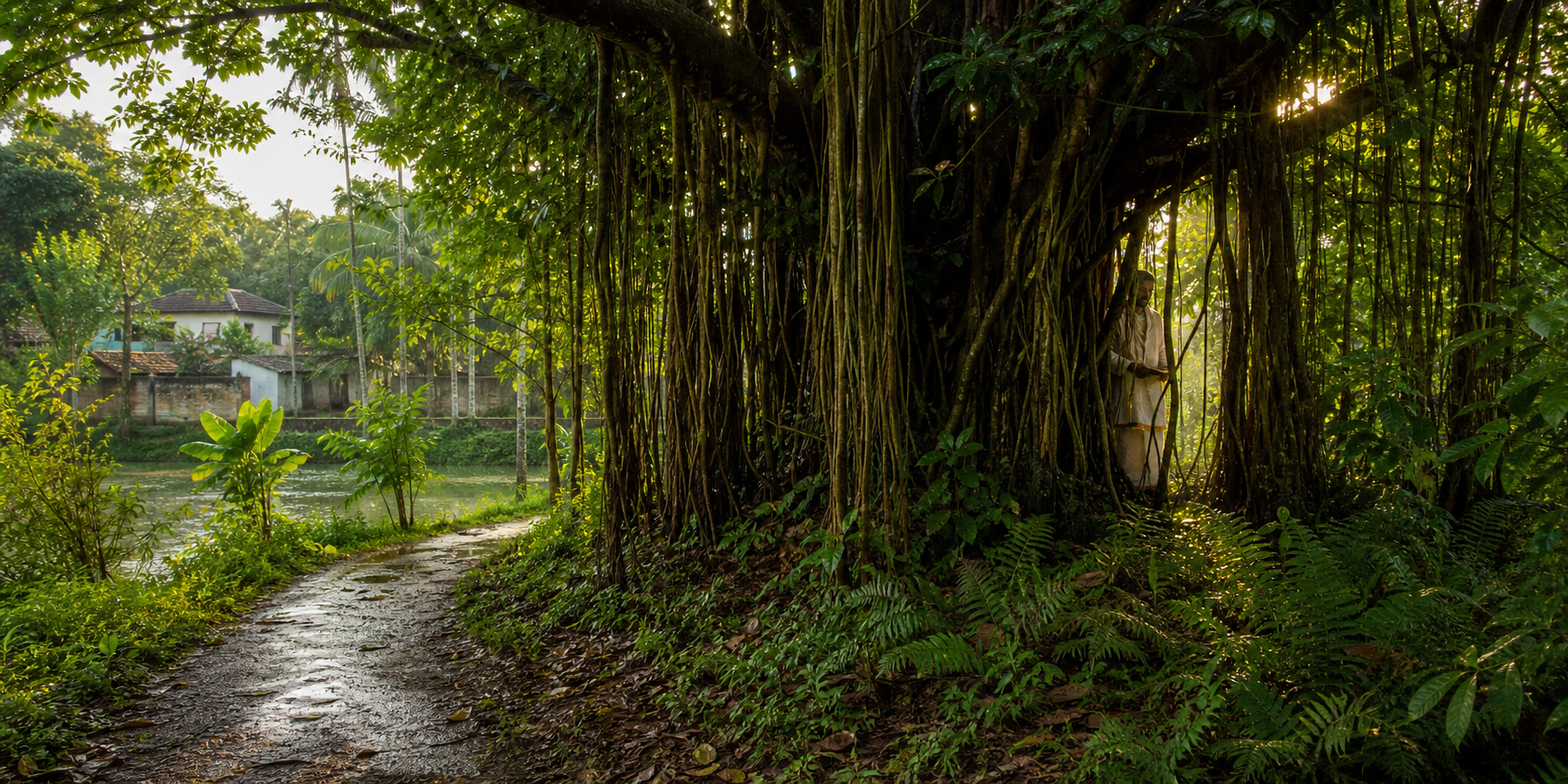An old banyan shelters a biodiverse grove beside a Bengali village as a path curves around it and a calm guardian figure stands beneath the canopy.
