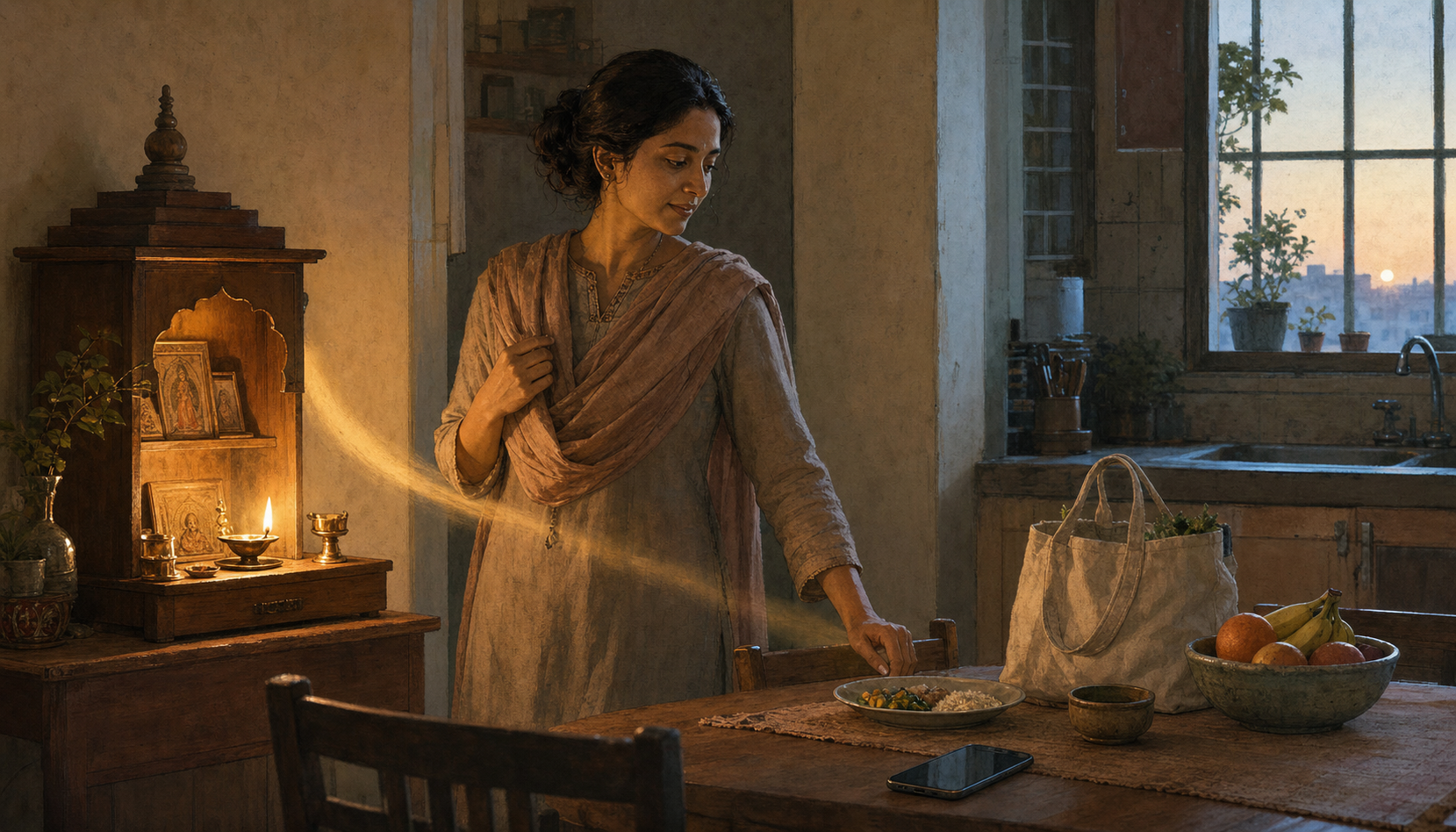 A person turns from a small home shrine with a lit oil lamp toward a table holding a modest meal, fruit, a reusable bag, and a phone.