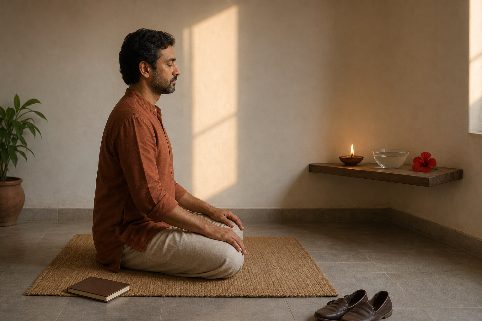 An adult sits quietly on a woven mat facing a minimal shelf with an oil lamp, a bowl of water, and one red flower.