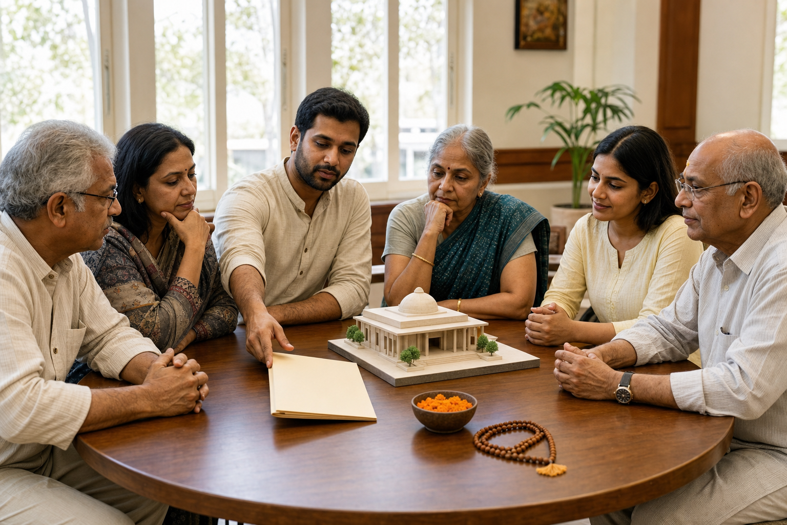 Six community members discuss a proposal around a table with a folder and a small civic-building model.