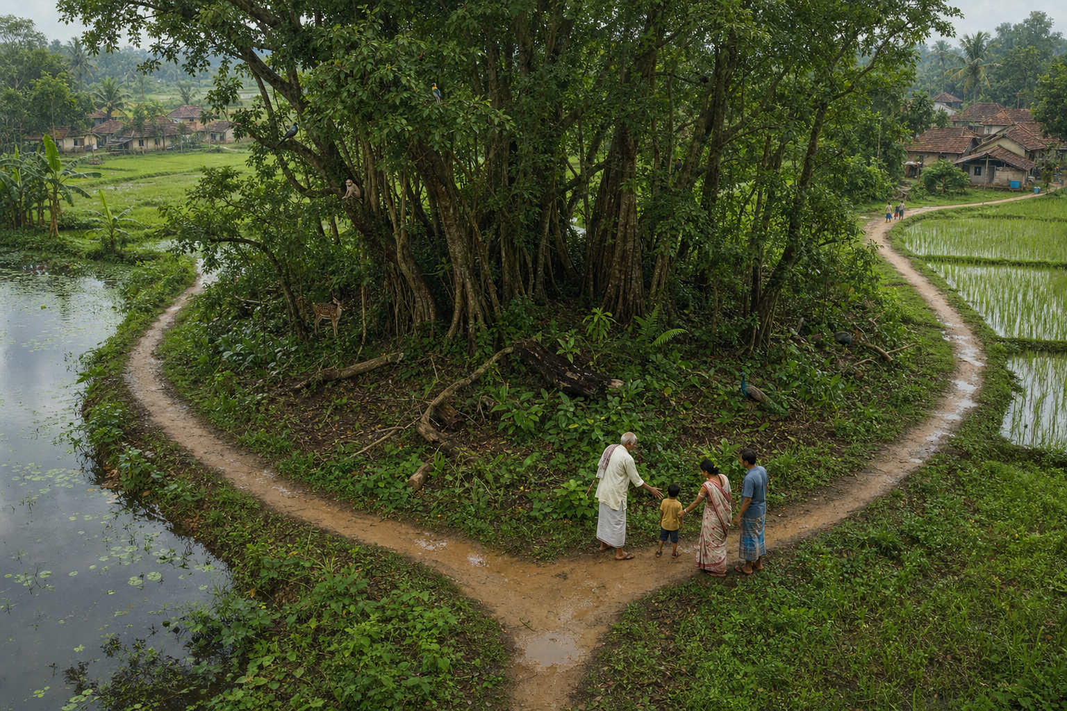 Villagers guide a child along a path that bends around an intact grove where dense plants, birds, and small animals remain undisturbed.