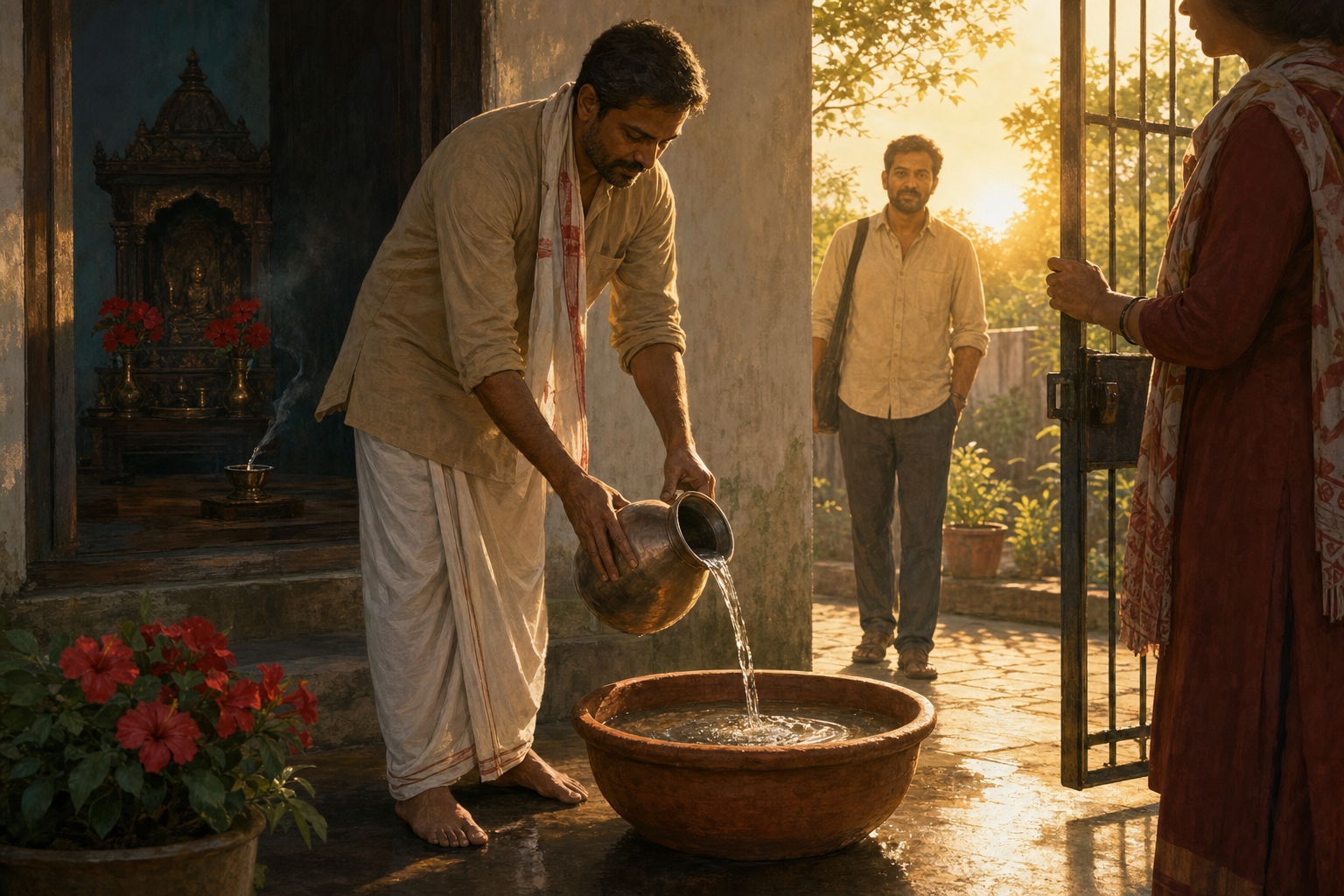 A practitioner leaves a dim shrine room at dawn, fills a shared clay water basin, and opens a courtyard gate for a visitor.