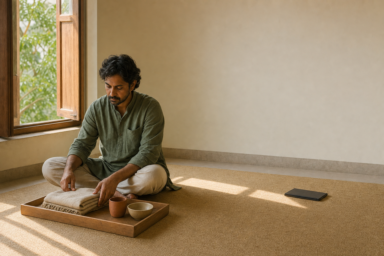 A person in a spare sunlit room arranges a few everyday belongings on a wooden tray beside a mat and an open window.