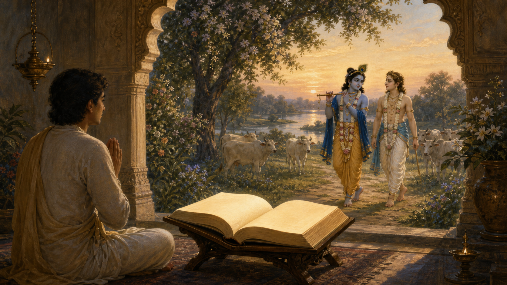 A reader sits respectfully before an open sacred book while Krishna and Balarama appear in a pastoral landscape beyond a temple arch.