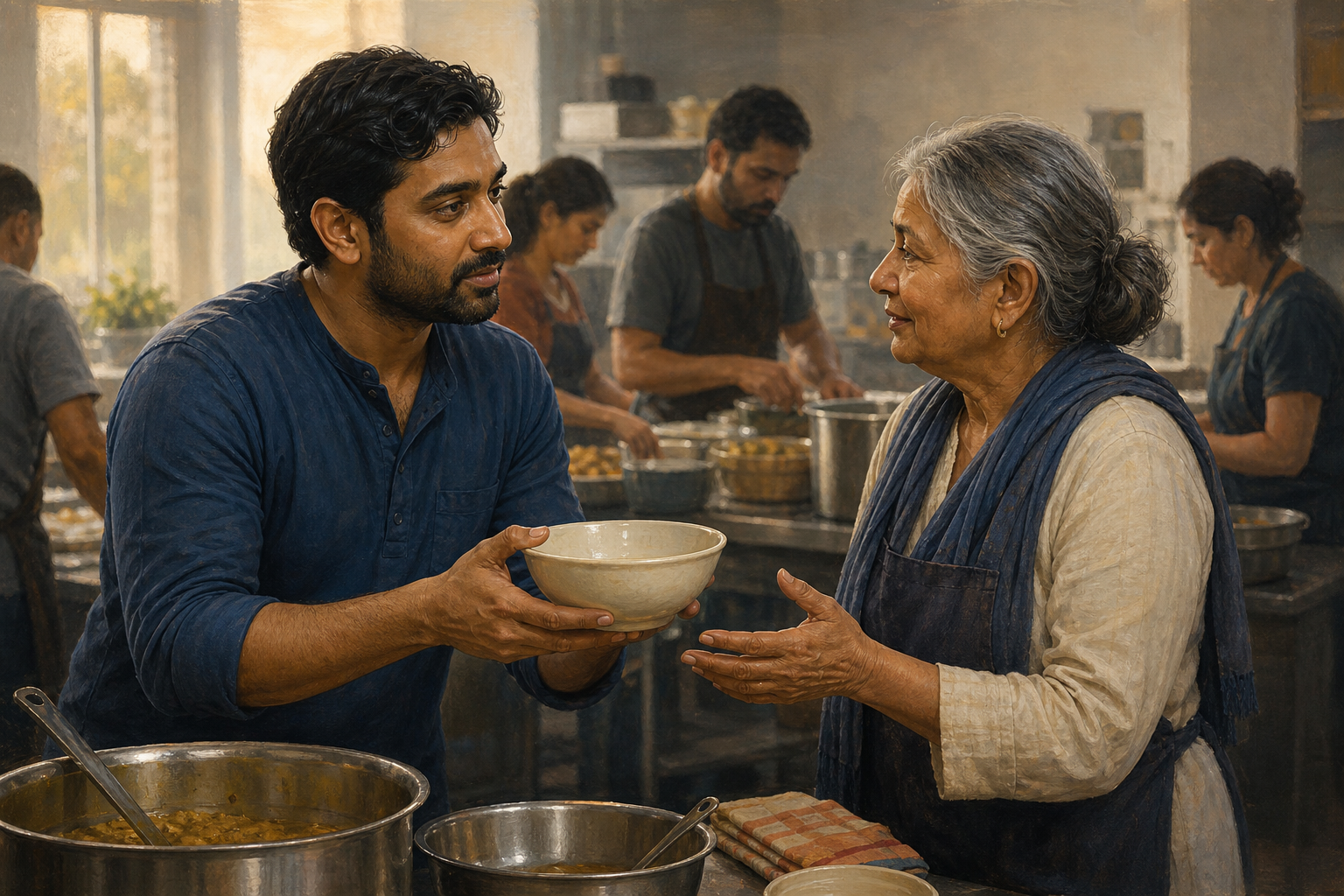 Two volunteers in a community kitchen face each other calmly as one listens and offers the other a clean serving bowl.