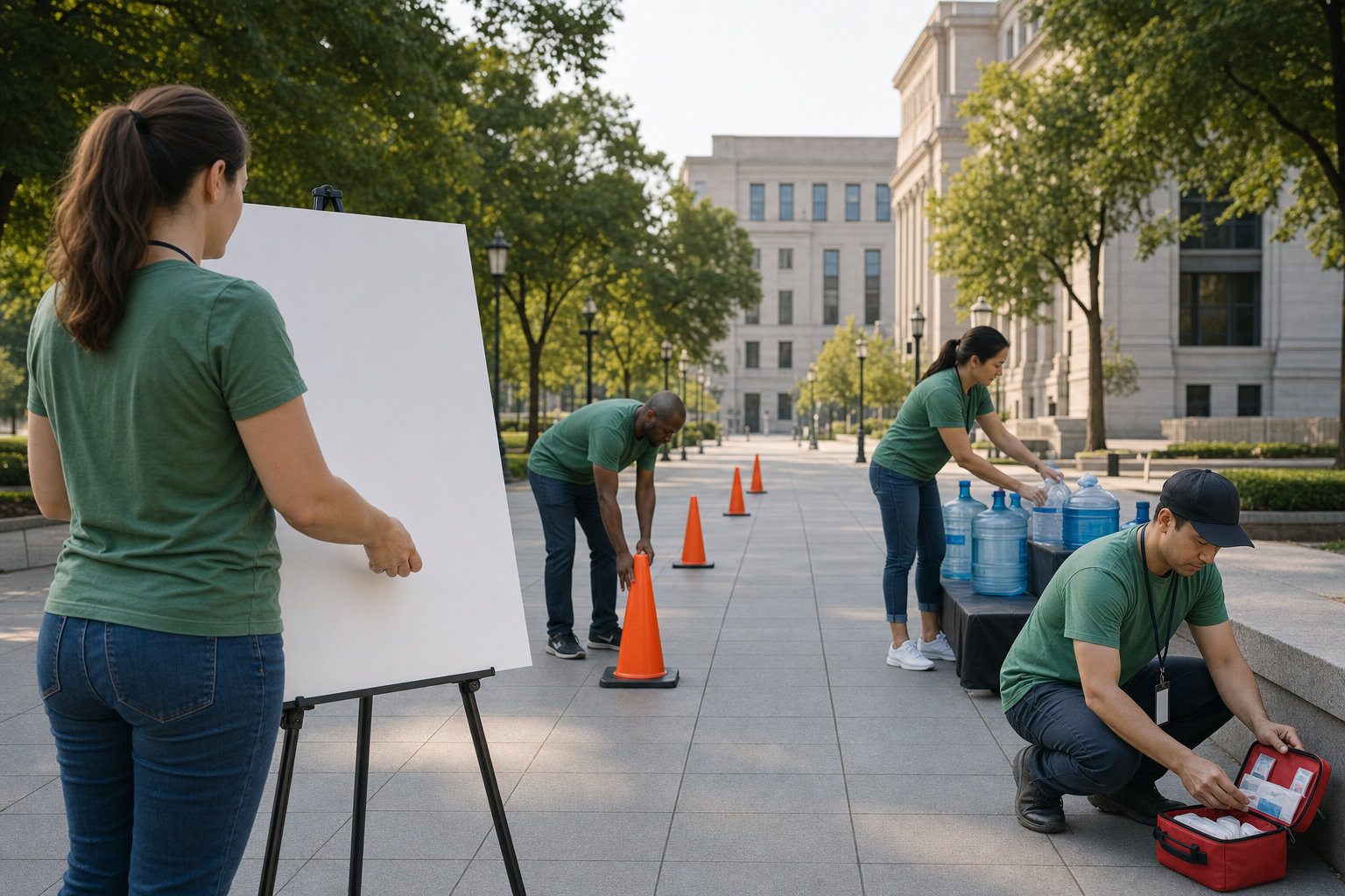 Volunteers prepare cones, water, first-aid supplies, and an accessible route for a peaceful public assembly.