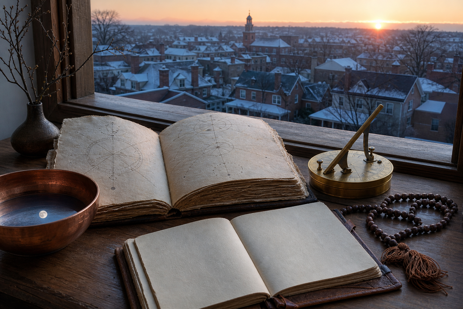 An open almanac and blank planner sit beside prayer beads and a copper bowl as sunrise appears over a neighborhood outside the window.